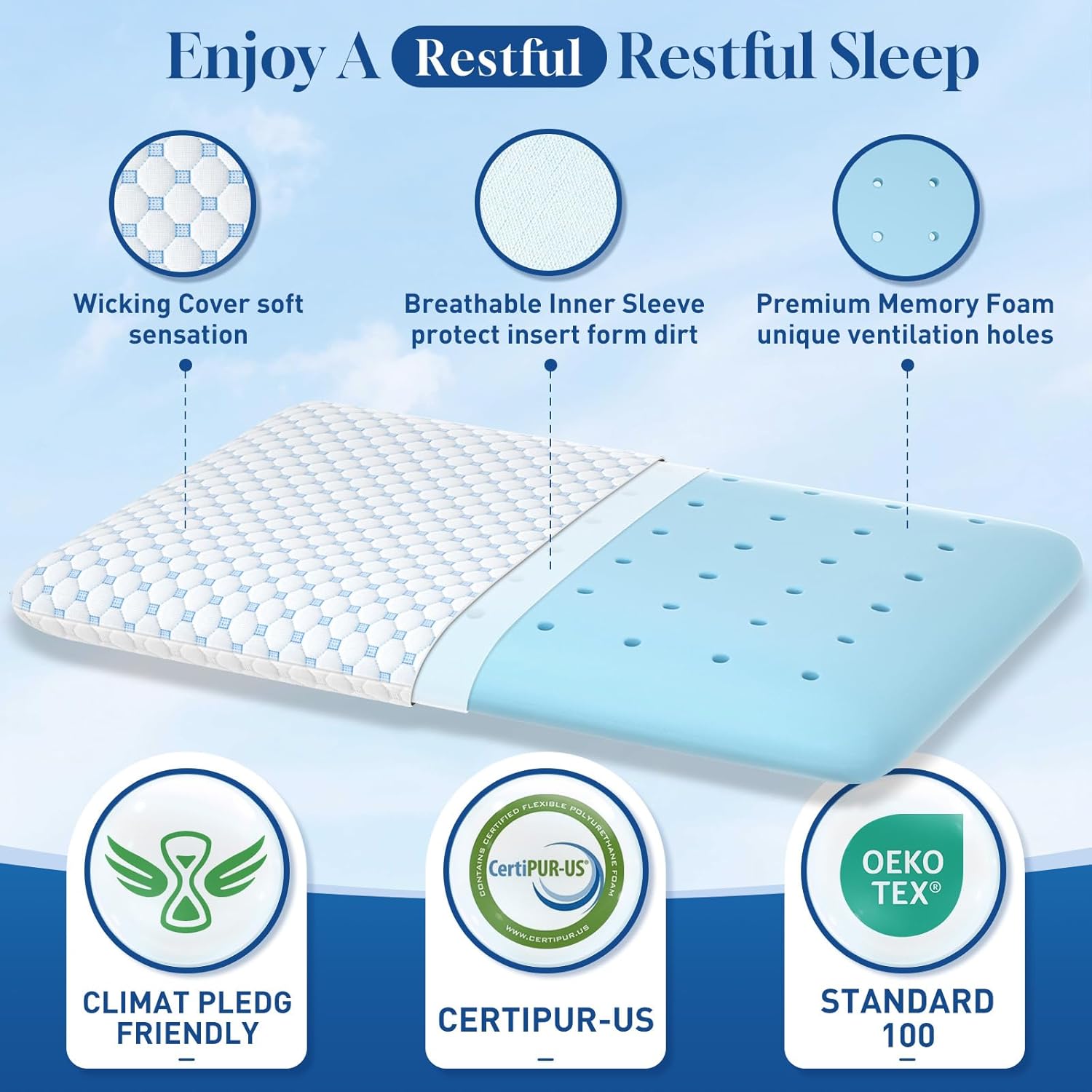 CloudBliss Ultra Slim 3.3” Pillows for Side | Back | Stomach Sleepers, Memory Foam Flat Pillow, Low Profile Sleeper Pillows with Double Sided Comfortable Breathable Pillow Cover, Standard