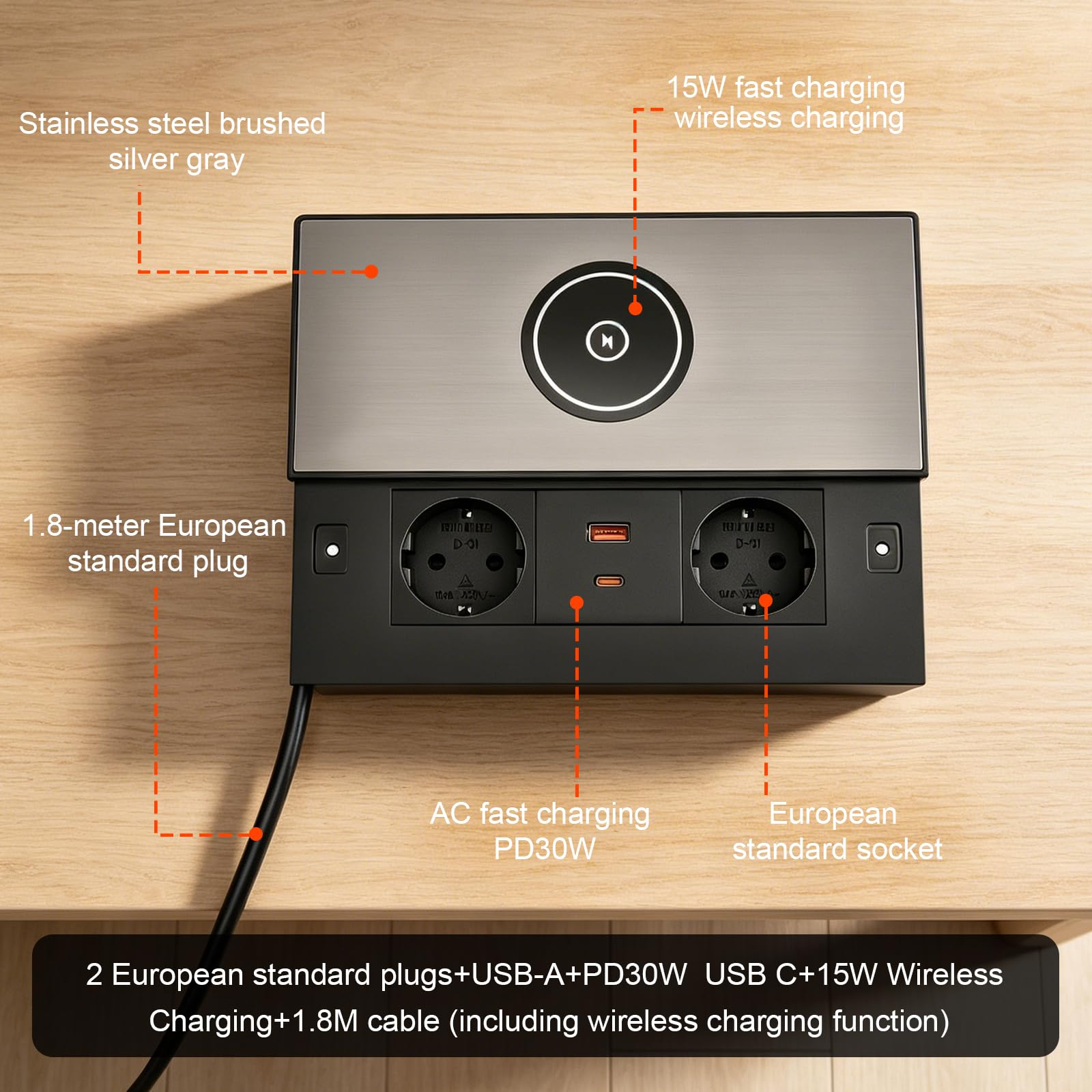 Base de enchufe de aluminio empotrable, con 2 enchufes euro, 1 USB-A, 1 USB-C PD 30W, carga inalámbrica, cable de 1,8 m, enchufe de mesa retráctil para cocina, escritorio y oficina