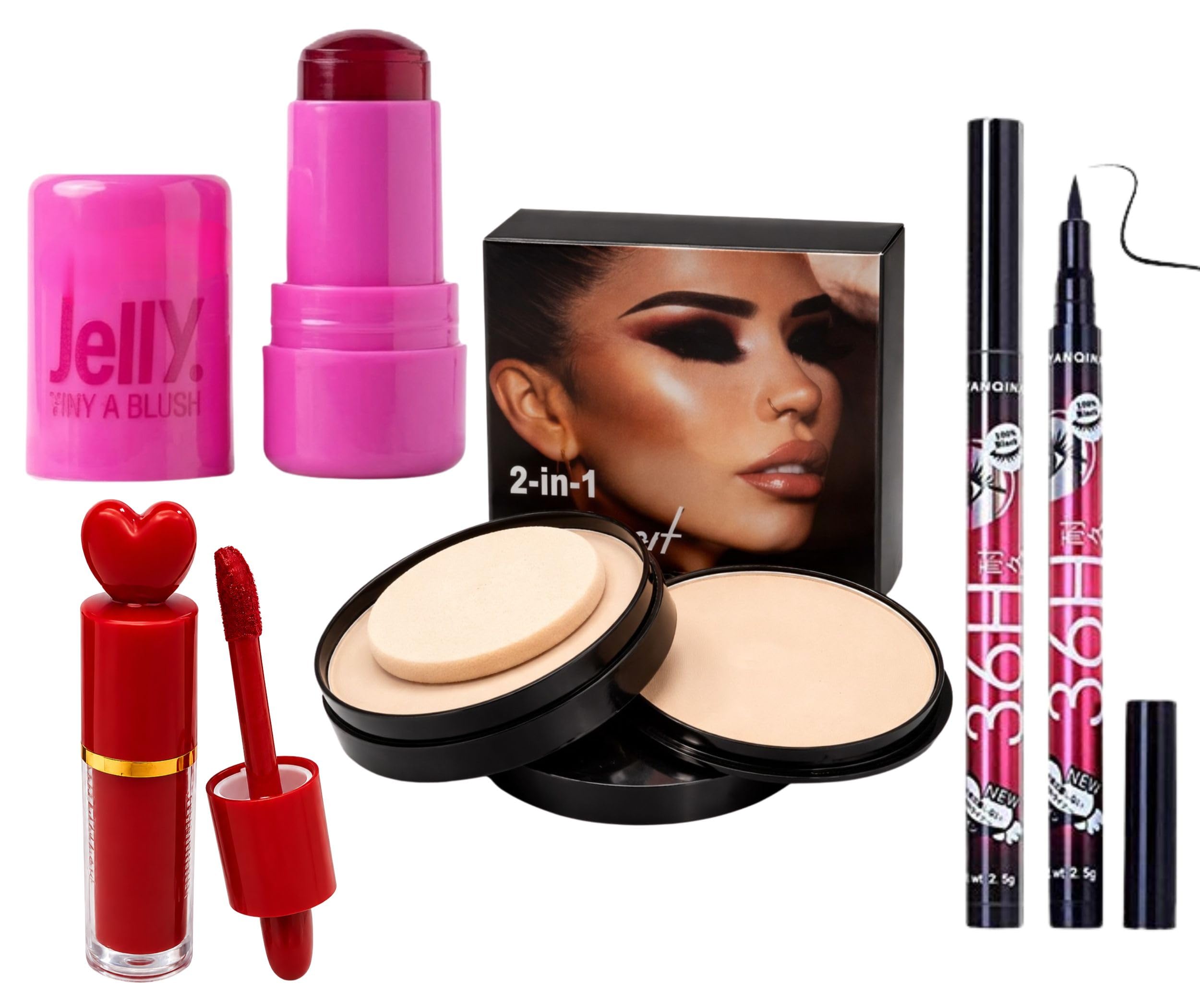 4-In-1 Makeup Kit for Women | Jelly Tint & Blush Stick, 2-in-1 Compact Face Powder with Puff, 36H Jet Black Liquid Eyeliner & Red Matte Liquid Lipstick Combo Set | Long Lasting, Oil-Control & Smudgeproof Daily Cosmetics Makeup Combo Pack-image-12