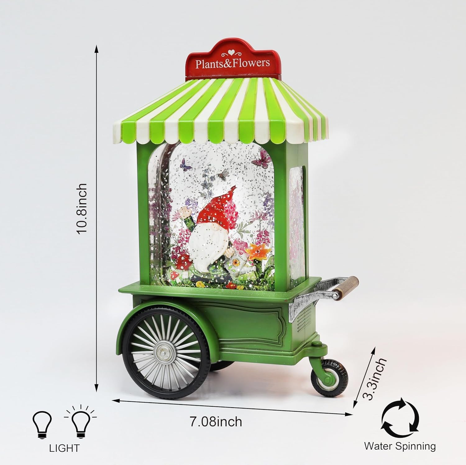 Acrylic LED Water Spinning Cart with Gnome Light-Up Garden Decoration Battery Operated Fairy Light Display Whimsical Plants Flowers Cart for Home Decor (3AA Batteries Not Included) MOMENTS IN TIME