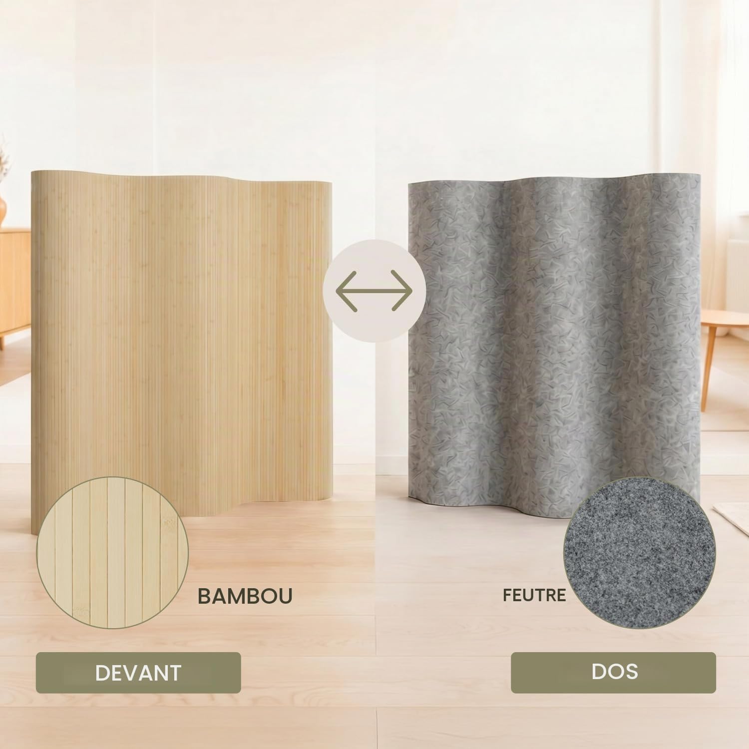 Homestyle4u Paravent en bambou naturel - En forme de vague - 145 cm de haut - Pliable - Brise-vue - Pour appartement, bureau à domicile - Cloison de séparation - Article 3140