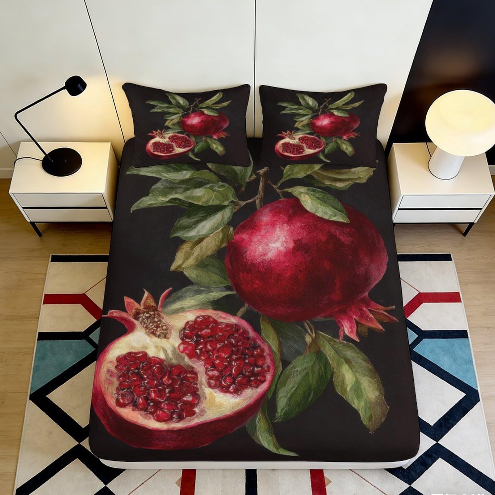 3D Printed Pomegranate Botanical Fitted Sheet Microfiber Bedroom Decor Fruit Art Mattress Cover for Home Guest Room 90x200x25cm