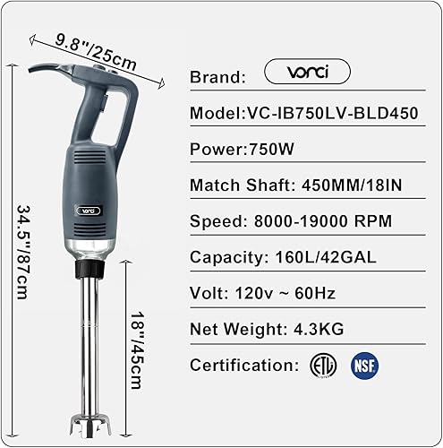 Miniatura 5 de VONCI Batidora de inmersión comercial de 750 W, mezclador de mano con eje desmontable de 18 pulgadas, velocidad variable 8000-19000RPM, hoja SUS