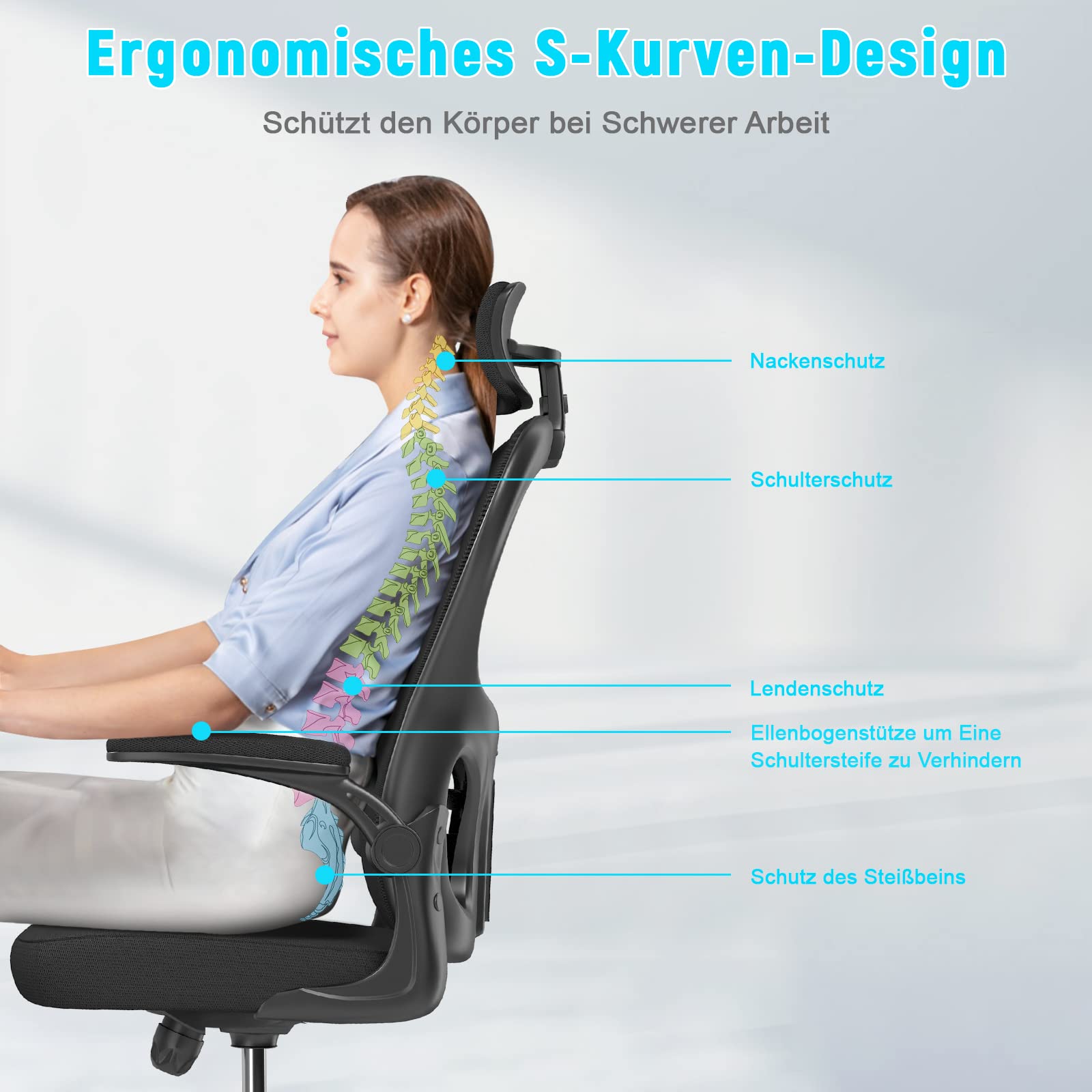 rattantree Bürostuhl, Schreibtischstuhl mit Verstellbarer Kopfstütze, Armlehnen und Lendenwirbelstütze, Höhenverstellung, Drehstuhl für Büro, 51x52x120 cm, Schwarz