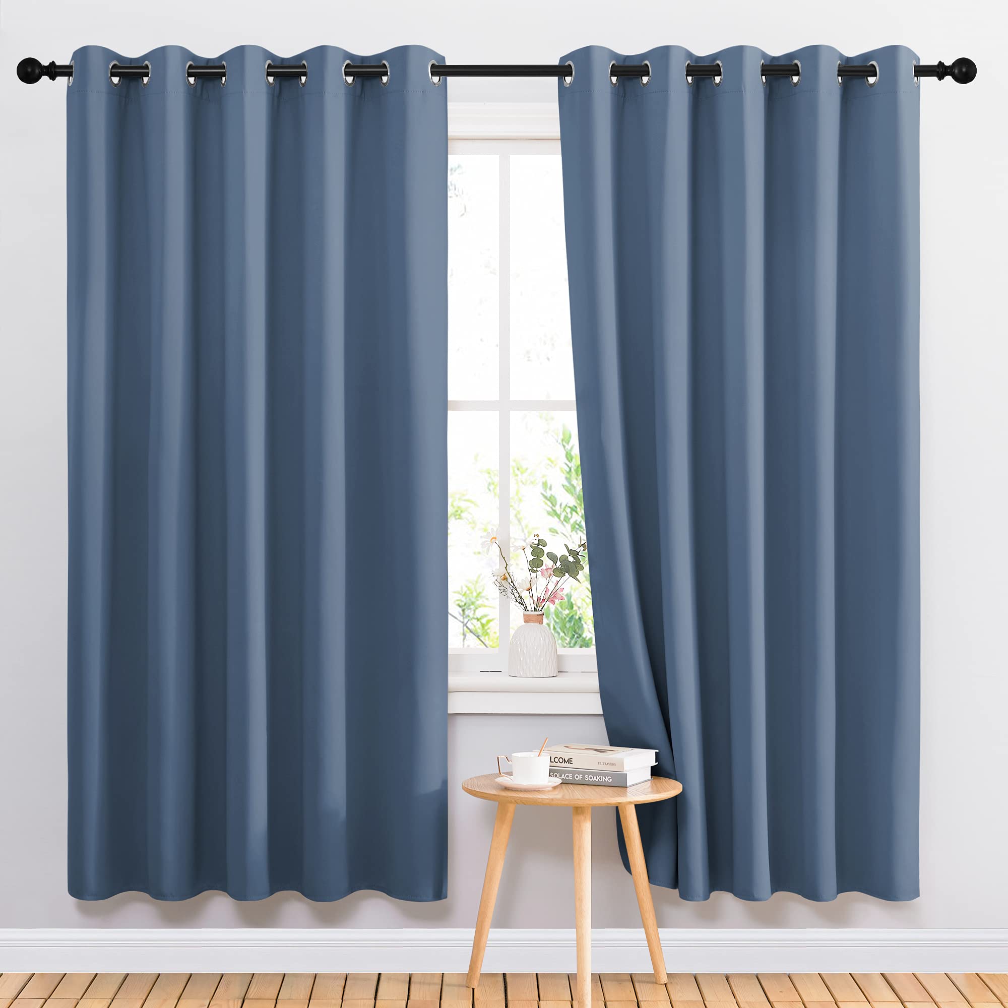 NICETOWN Blackout Curtain Drapes for Living Room - Decorative Thermal Insulated Solid Grommet Top Room Darkening Window Treatments (Stone Blue, 1 Pair
