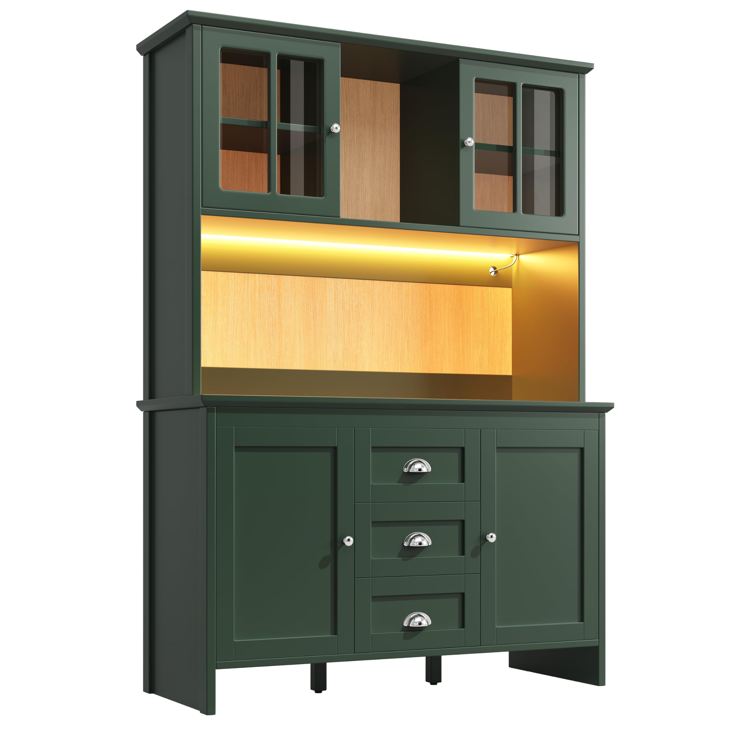 Armadio a buffet, alto da cucina, credenze, con ante in vetro marrone e illuminazione a LED, 4 ante e 3 cassetti, per cucina, sala da pranzo, 120 x 40 x 179 cm (verde)