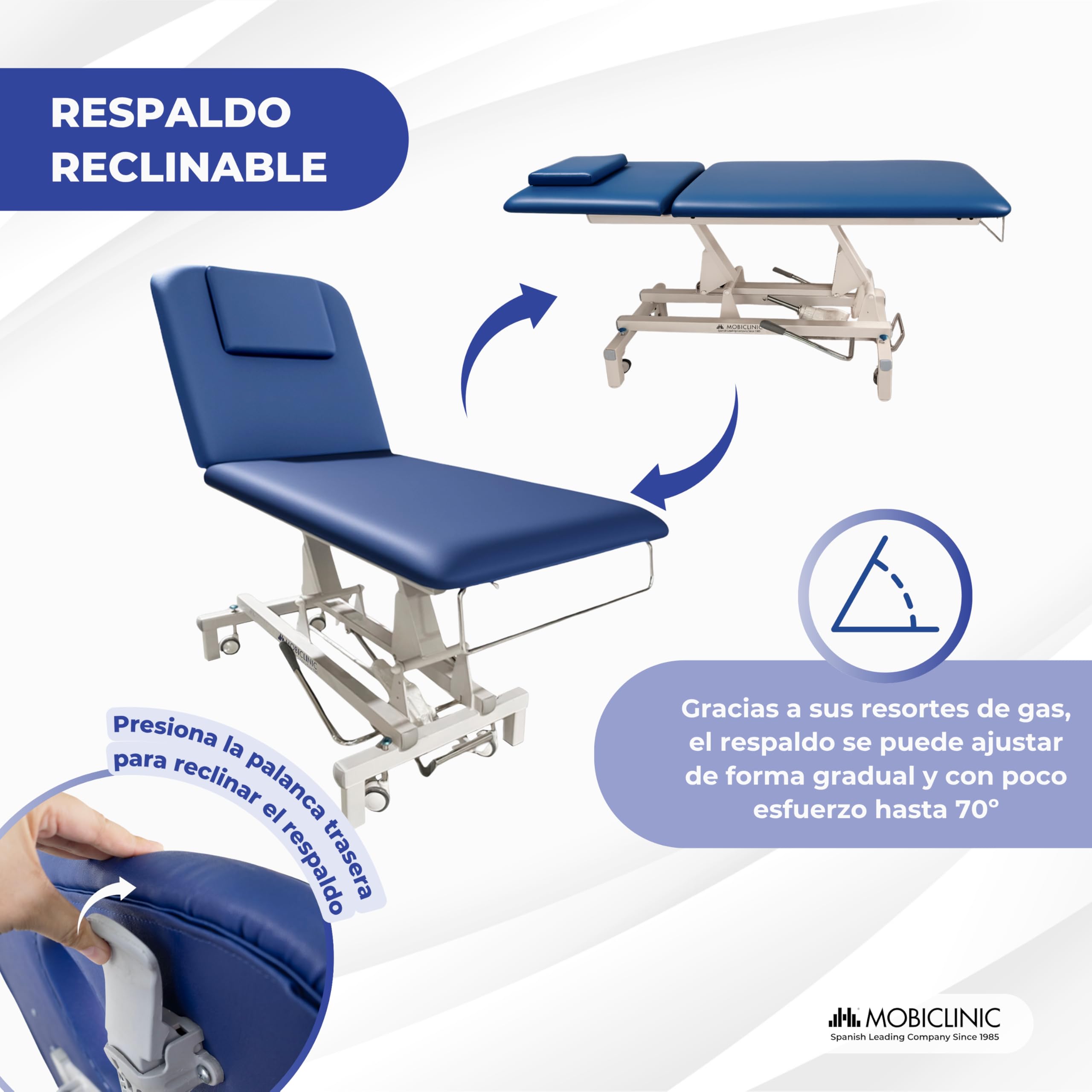 Mobiclinic®, Camilla Hidráulica Dos Cuerpos, Ajustable en Altura, 180 Kg | Respaldo Reclinable, 194 x 70 x 83 cm, Ruedas Escamoteables, Agujero Facial, Portarrollos, Profesional, Masaje, Estética