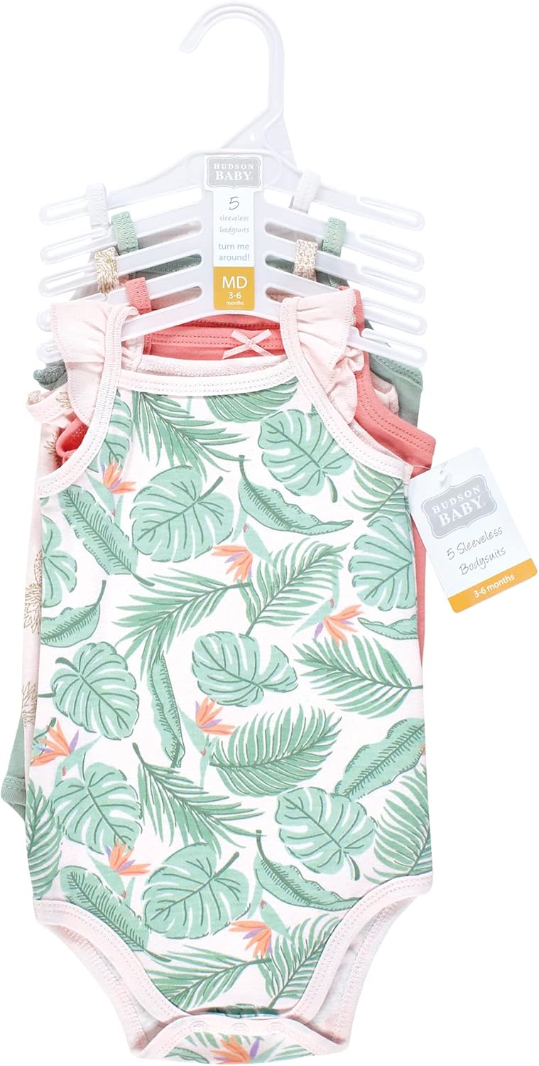 Hudson Baby Unisex Baby Cotton Sleeveless Bodysuits, Palm Flamingo