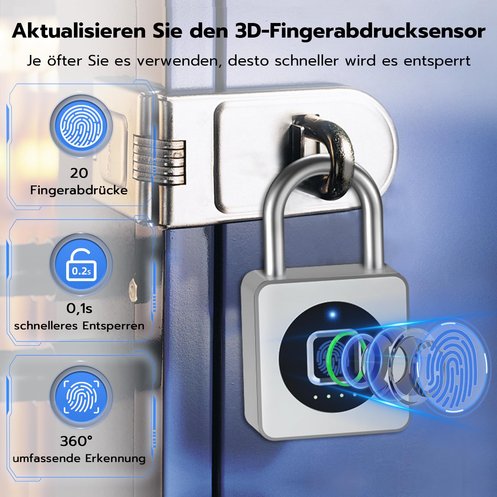 Eseesmart Cadenas à empreintes digitales, pour salle de sport, Bluetooth avec empreintes digitales, IOS Watch, cadenas étanche pour bagages, entrepôts, voiture de fret, garage, casier