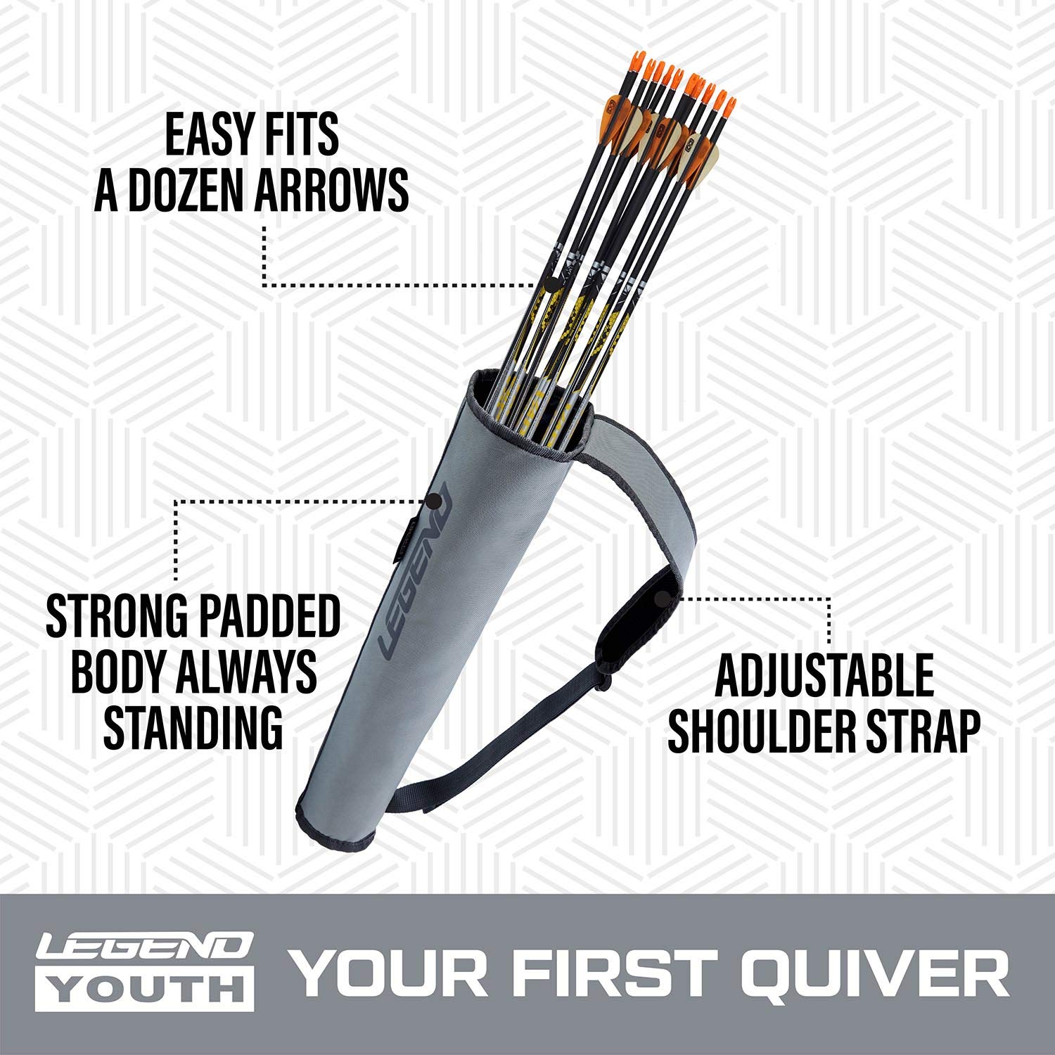 Legend Arrow Quiver for Kids & Adults - 16 Capacity Archery Arrow Case, Back Bow Quiver Arrows Holder for Left & Right-Handed Archers, Sling Arrows Carry Case with Padded Shoulder Strap - Gray