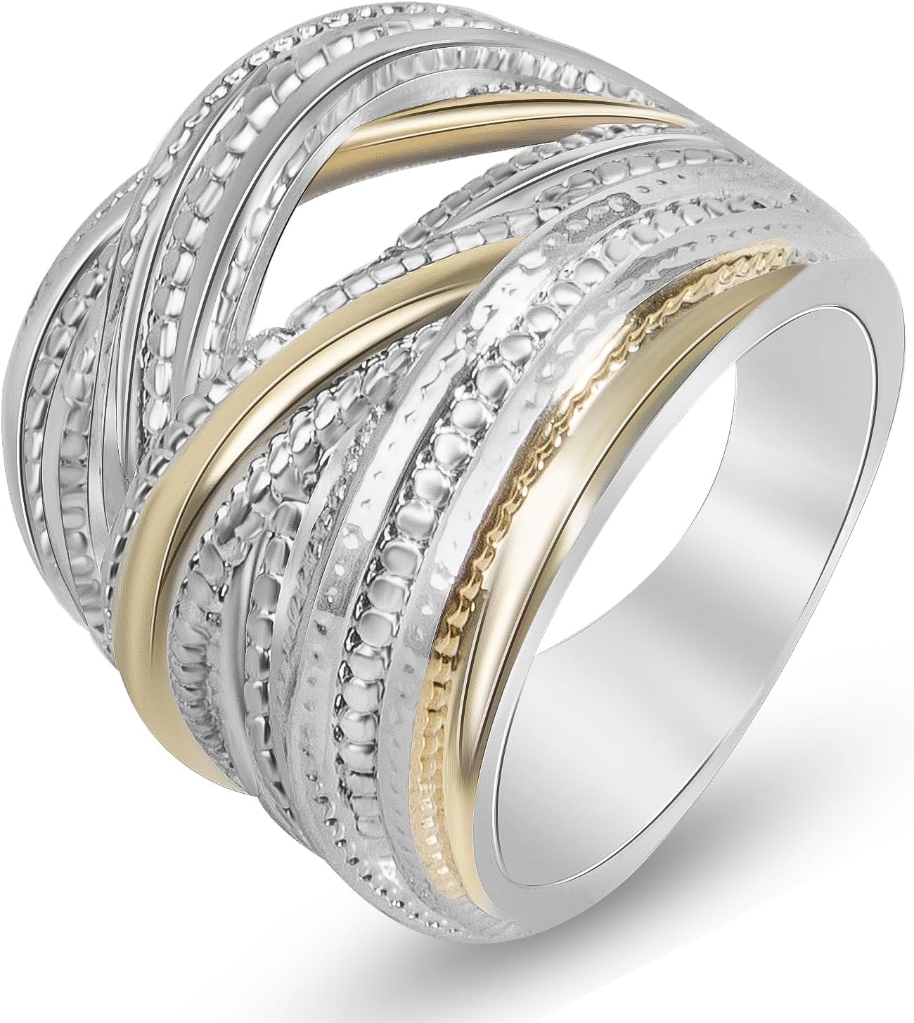 MyshiwuDesigner Jewelry Antique Fashion Intertwined Crossover Band Ring Two-tone Chunky Statement Rings for Women Gift