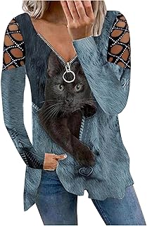 Blusa de encaje negro Casual Camisas con blusa larga con mangas estampado de cremallera para mujer Animal cuello en V, azul, XXXXL
