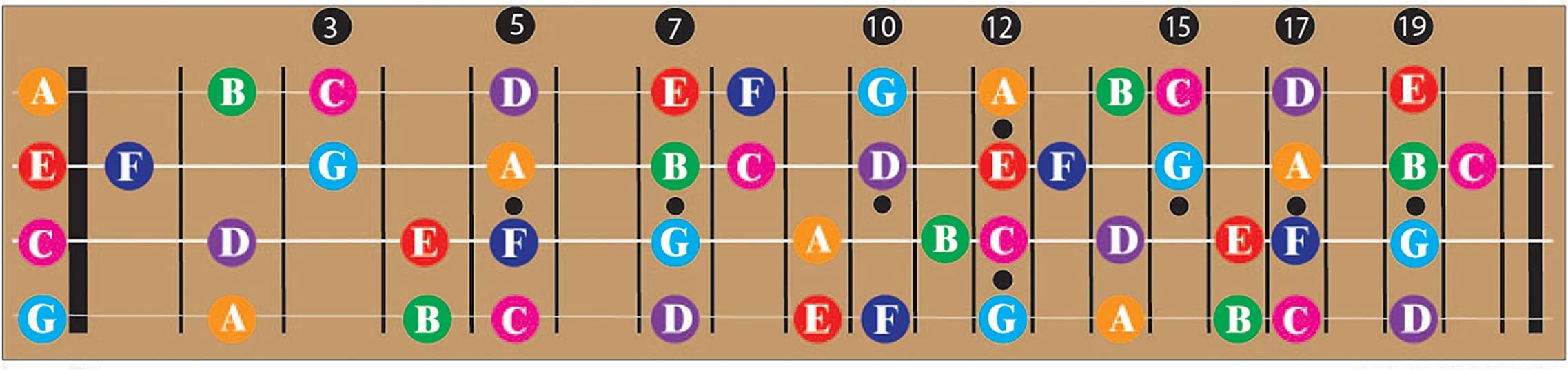 Color Coded Ukulele Guitar Fretboard Note Chart Learn to Play Guitar and Music Theory, Suitable for all Levels