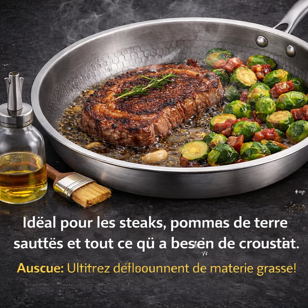 DZ'HUE Titanex - Poele Antiadherente Titane, Avec Spatule, Sans Revetement Chimique, Compatibles Induction, Gaz, Vitroceramique, Four (26cm,Without Lid)