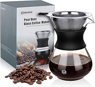 Pour Over Coffee Maker Set - HEIHOX 14 oz Pour Over Coffee Dripper with Paperless Reusable Stainless Steel Cone Filter, Gl...