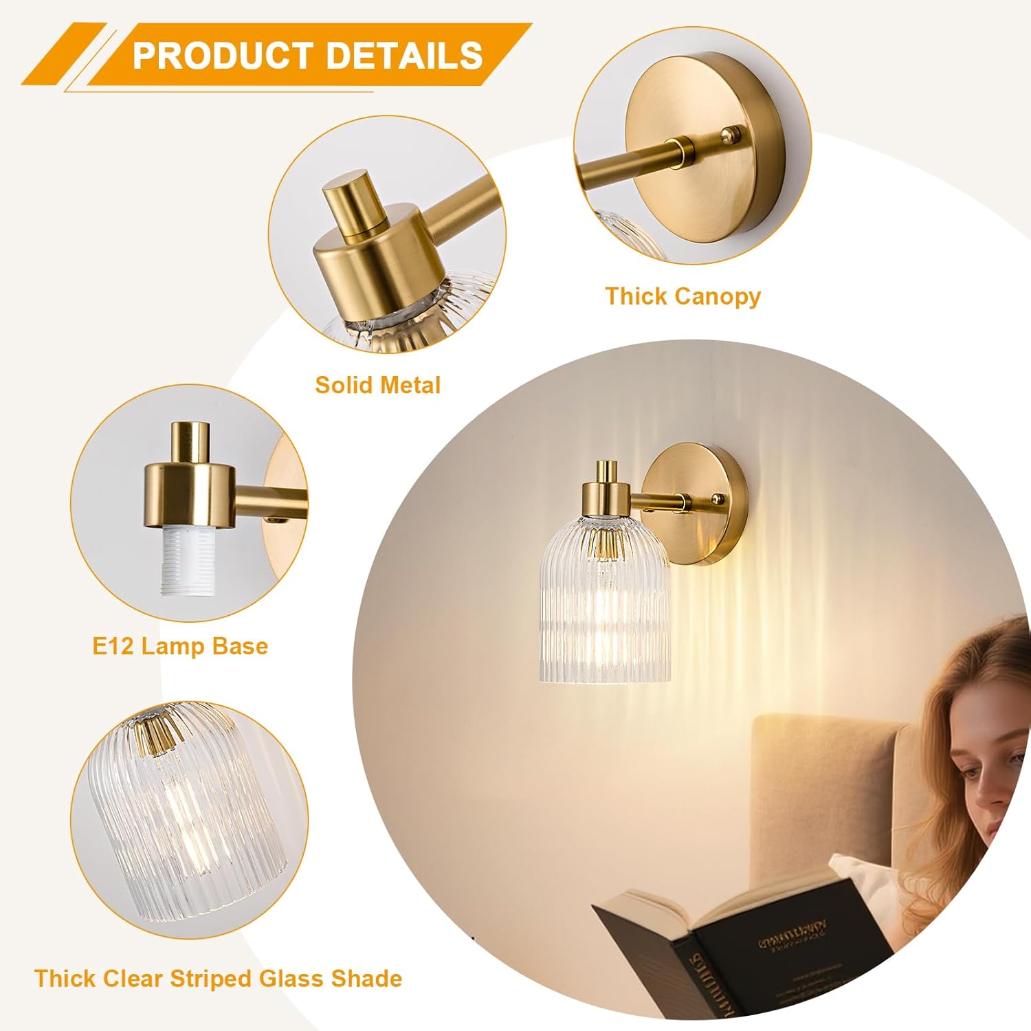 Gold Modern Wall Sconce Set of 2 Glass Bathroom Vanity Lighting Fixture Sconces Wall Lighting Brushed Indoor Wall Mounted Lamp for Living Room Bedroom Bathroom