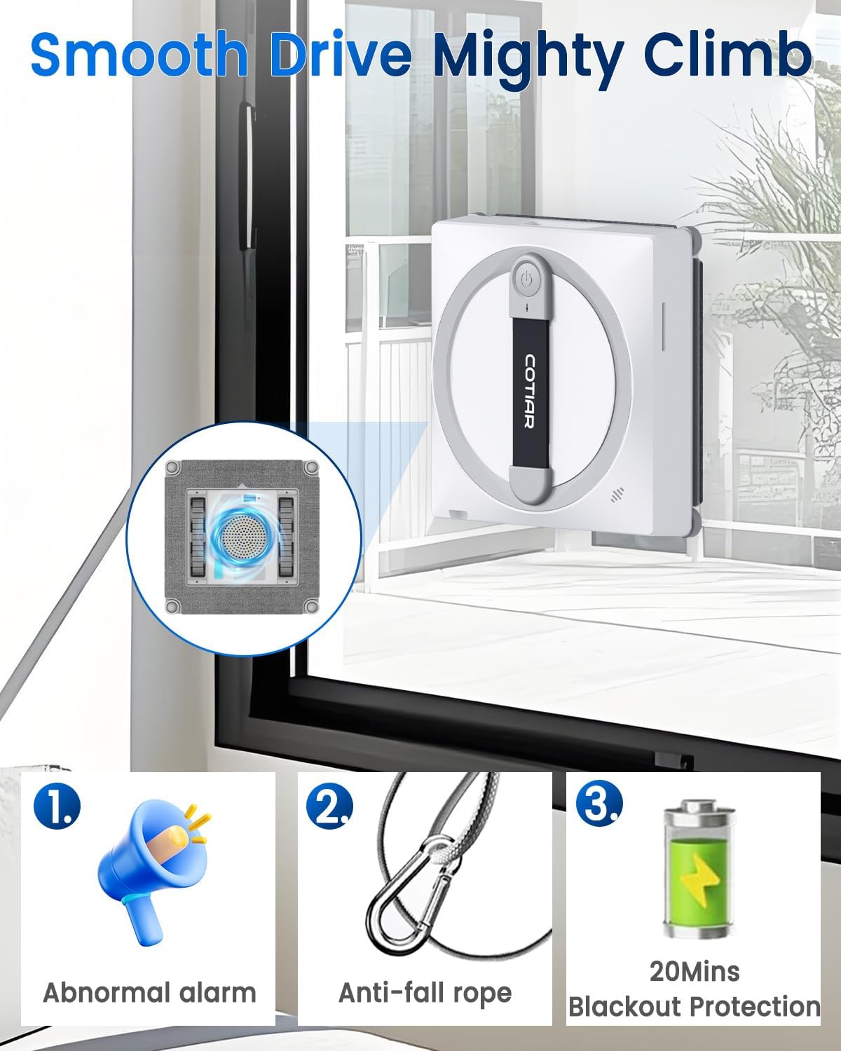 Window Cleaning Robot, Automatic Window Cleaner with Remote Control, 6 Cleaning Modes, Edge Detection, Anti-Fall Safety System, for High-Rise Windows, Glass Doors, Mirrors, Tiles (White)