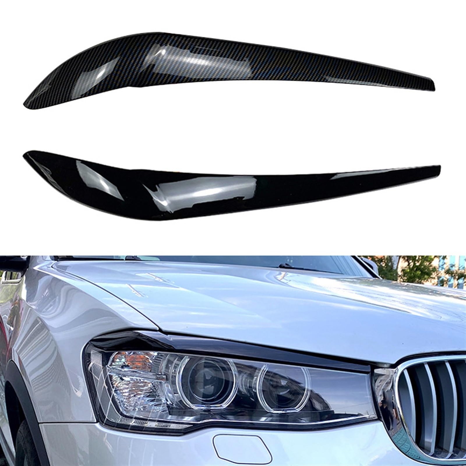 1 para błyszczących czarnych karbonowych przednich reflektorów samochodowych, naklejki na powieki, lampa, brwi, pasujące do X3 F25 X4 F26 2014-2017 ABS(Carbon Fiber)