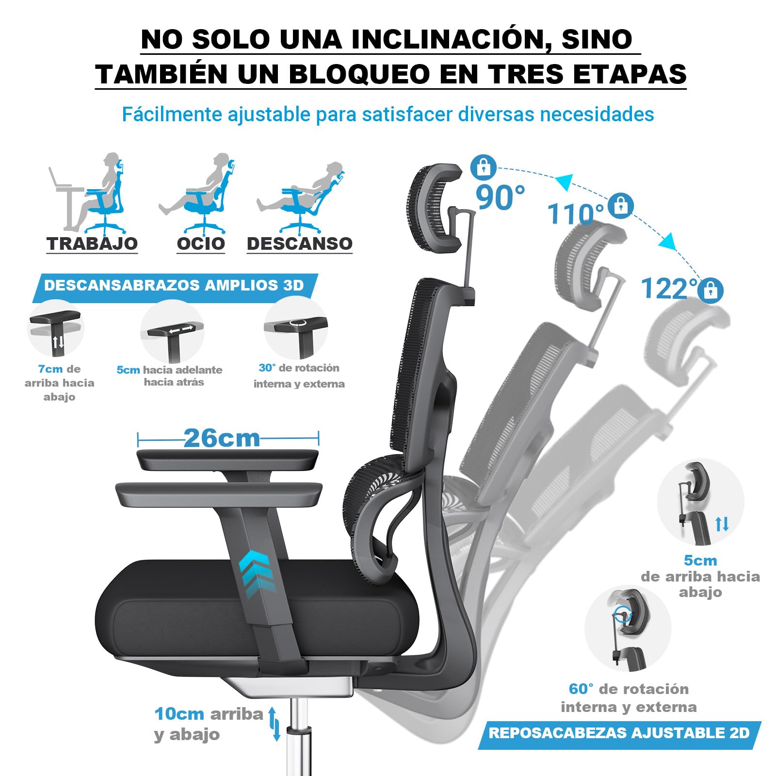MELOKEA Silla de Oficina 200kg, Bloqueo en 3 Posiciones, Silla Ergonómica XXL, Ancha y Grande, para Altura Corporal 160-202 cm, Reposabrazos 3D, Apoyo Lumbar Dinámico Ergonómico, Silla de Escritorio