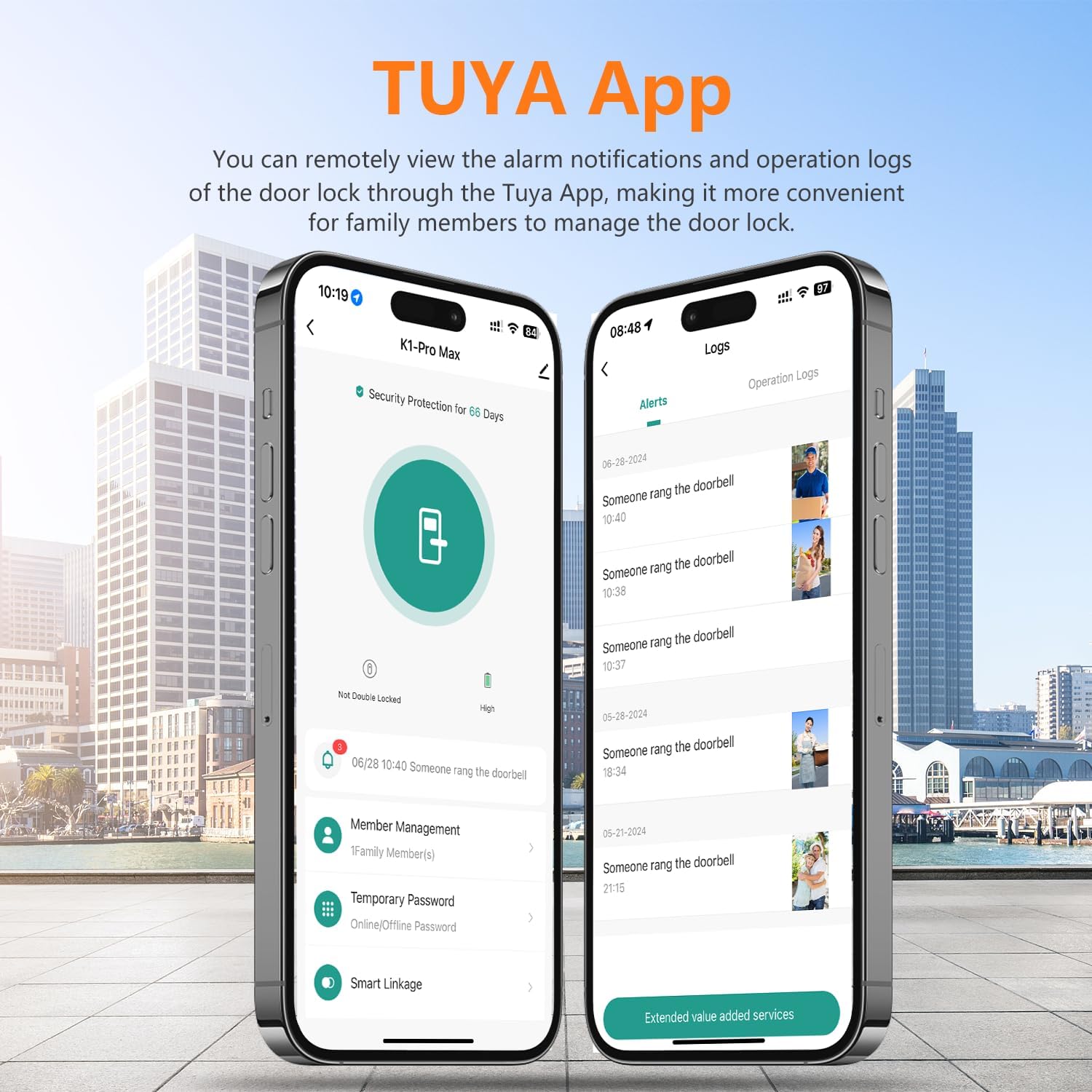 Two smartphones displaying the Tuya app interface, showing security protection status and a log of doorbell rings with associated images.