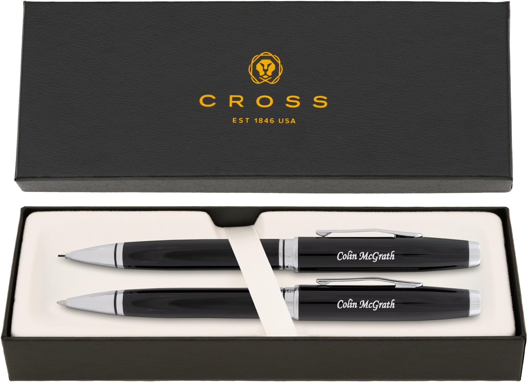 Cross Coventry Engraved Ballpoint Pen and Pencil Set, Black Lacquer with Chrome Trim, Twist Action, American Made, Personalized Gift for Graduation, New Job, Career Advancement, Cross Gift Box