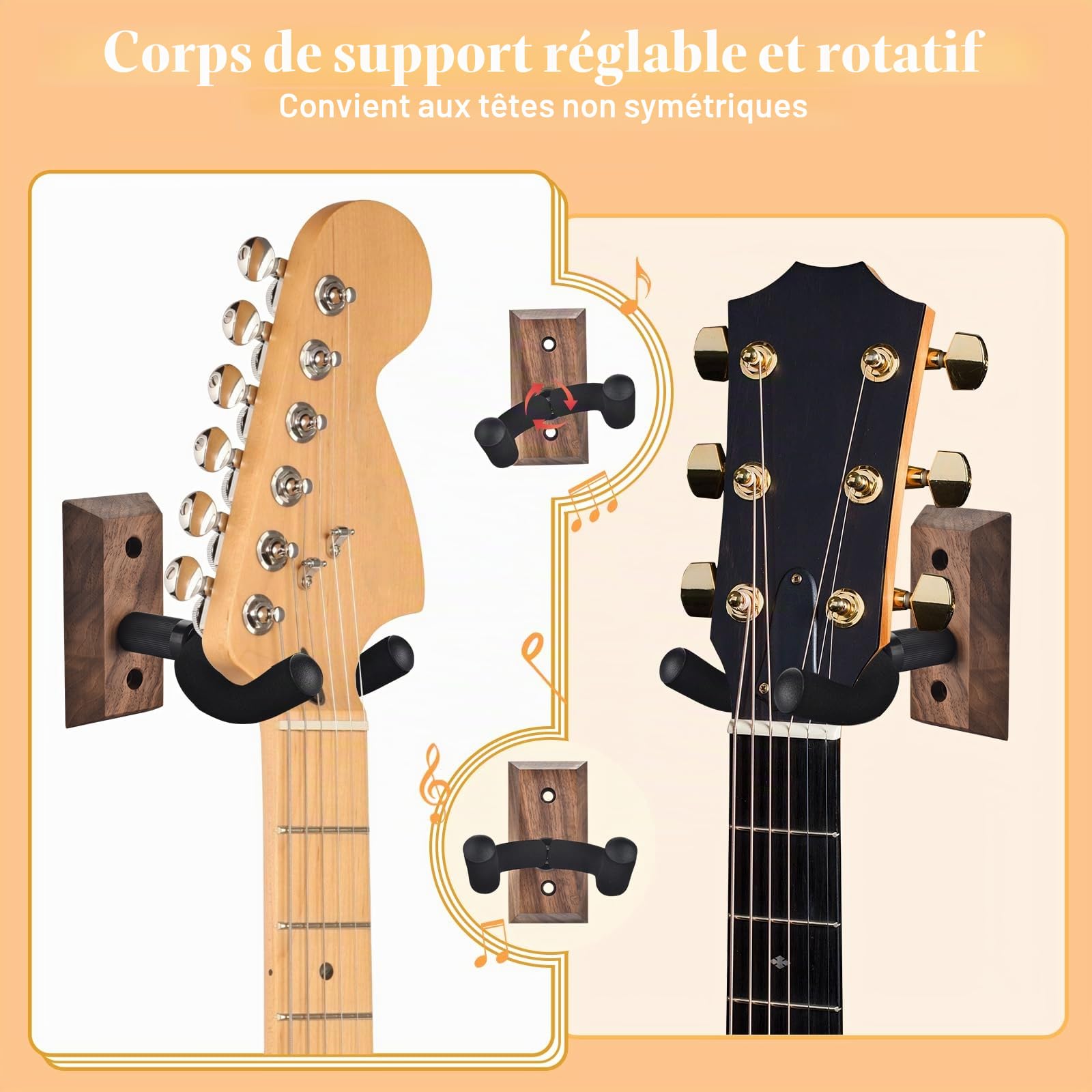 support guitare mural Lot de 4 avec crochet souple réglable pour guitares de toutes tailles, support mural guitare en forme de U en bois dur pour guitare acoustique, électrique, basse