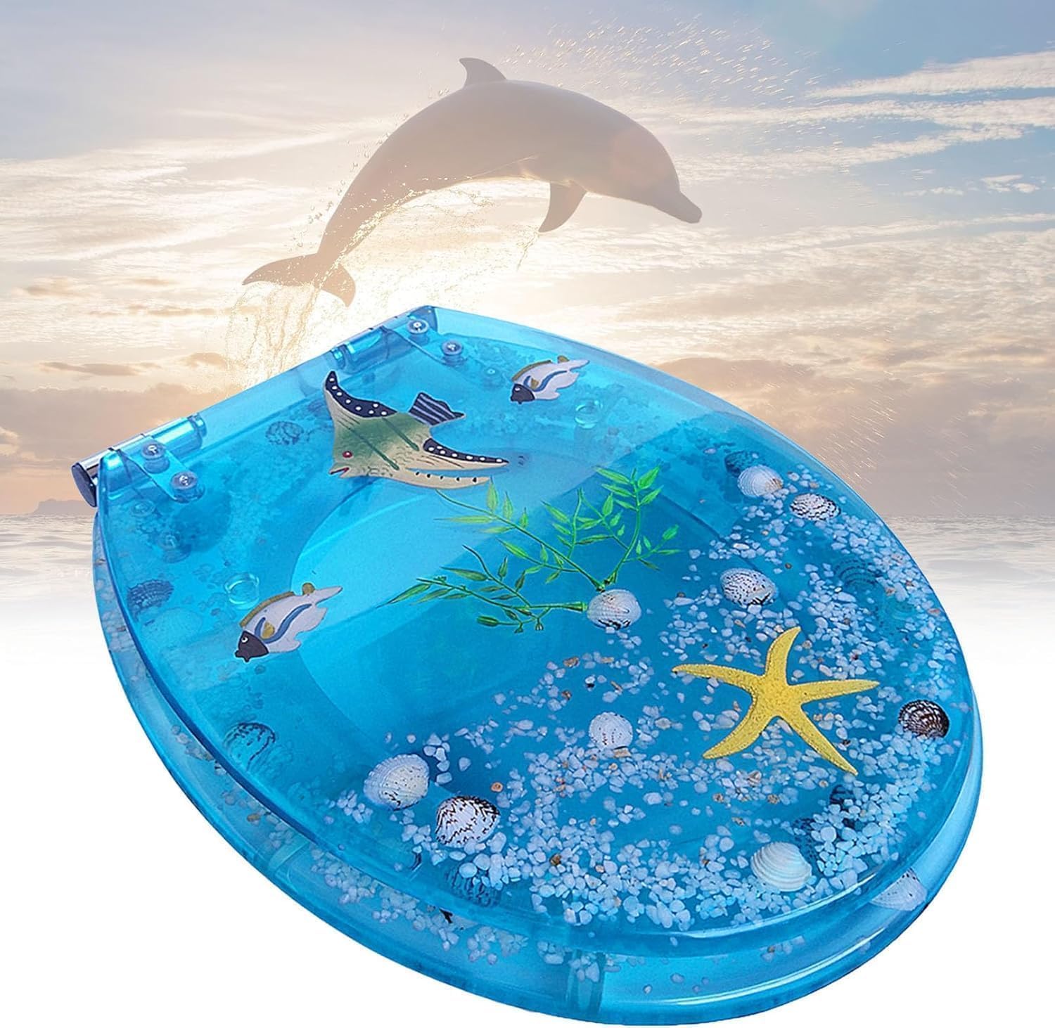 Premium Blue Ocean Resin Toilet Seat, Soft Close with Antibacterial Feature, Slow Close Quick Release, Yellow Starfish Design, Never Loosen (Blue)