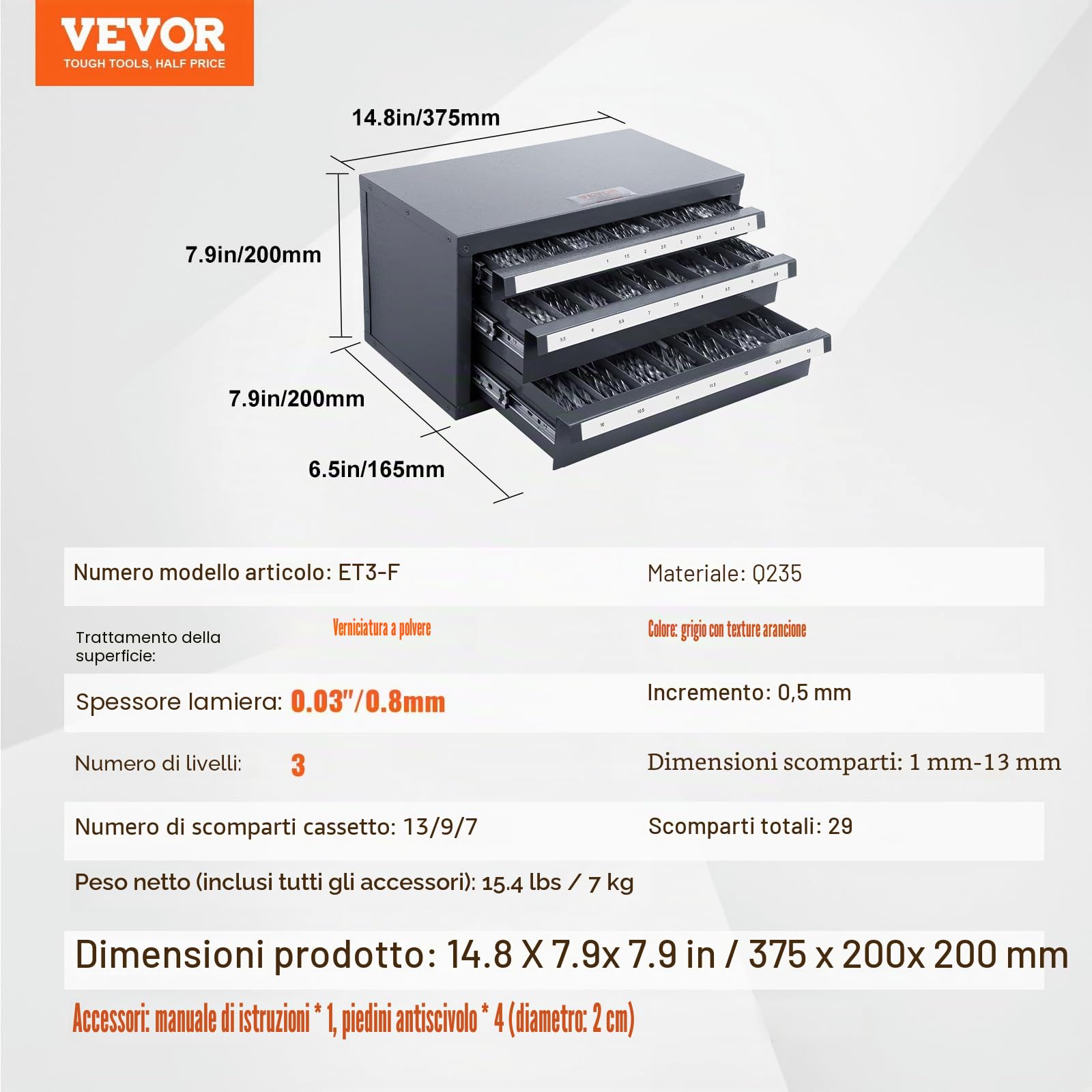 VEVOR Scatola Porta Punte Trapano 1-13 mm Cassetti Portautensili 3 Cassetti 29 Scomparti Etichettati, Dispenser per Punte 37,5x20x20 cm Impilabile Facile Identificazione Conservazione Officina Garage