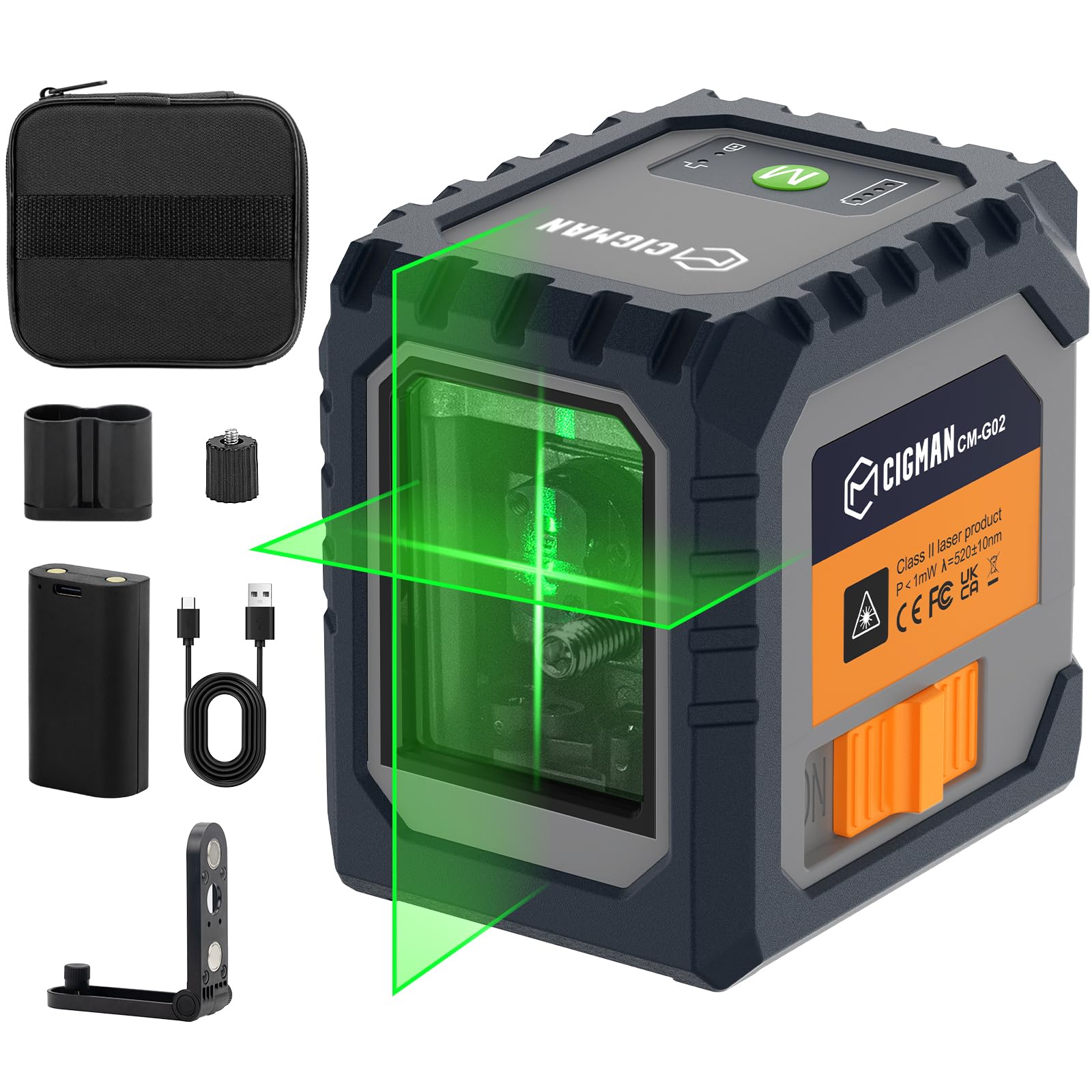 CIGMAN CM-G02 Cross Line Laser Level, Green Self-Leveling Line Laser with Rechargeable Battery, ±3mm Accuracy at 33ft, Magnetic Bracket, for Picture