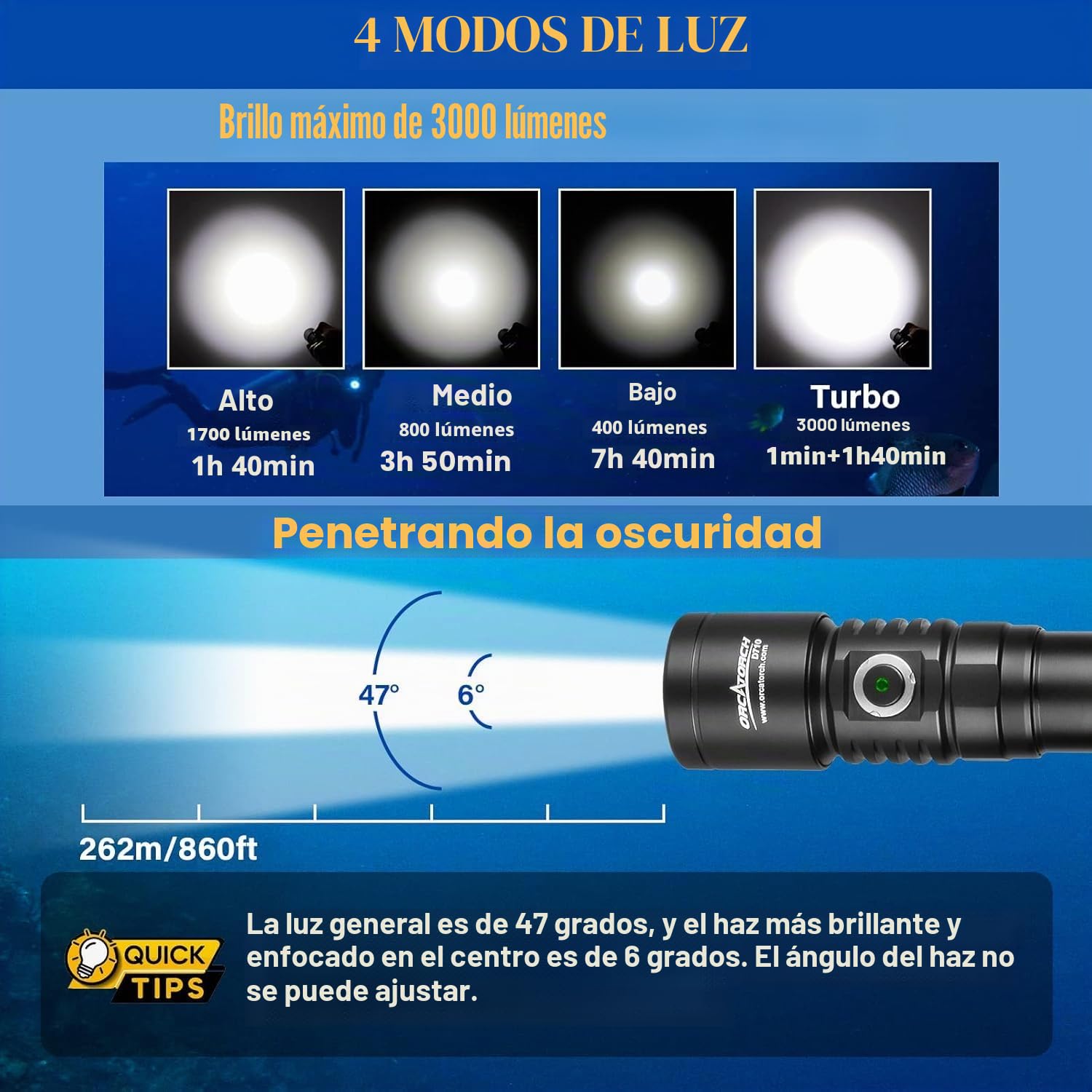 Orcatorch D710 Linterna Buceo, linterna submarina de 3000 lúmenes con haz estrecho de 6 grados, linterna de buceo nocturna impermeable IP68 con indicador de batería【Buceo subacuático de 492 pies】