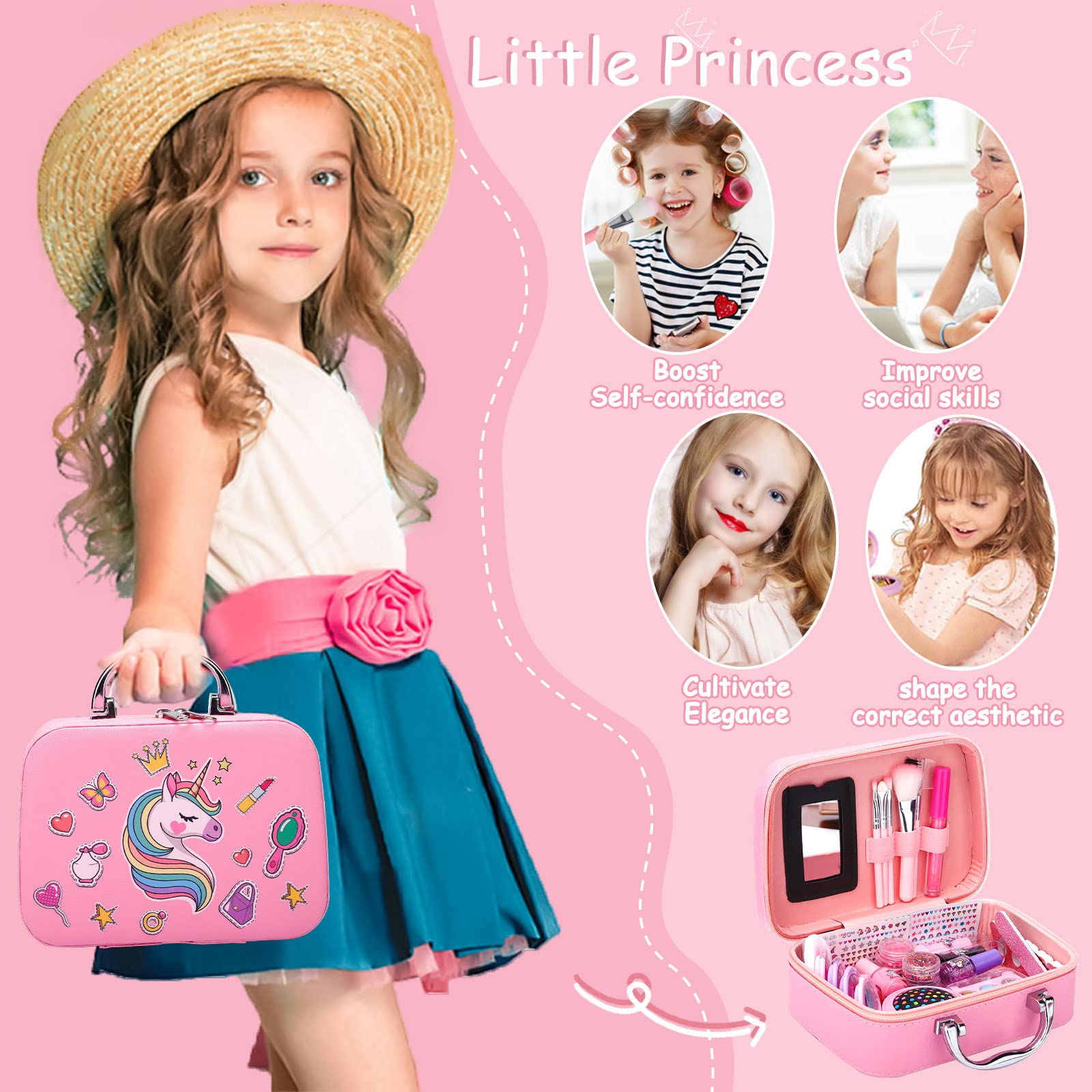 Purpledi Maquillage Enfant Jouet Fille 30pcs Jouet de Maquillage Lavable et Non Toxique, Valise Beauté pour Enfant, Cadeau de Noël Anniversaire pour Fille 3 4 5 6 7 8 Ans