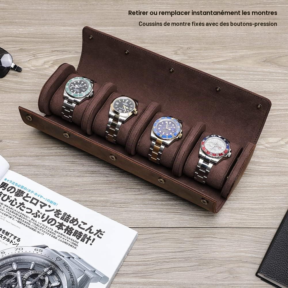 CONTACTS Étui de voyage en cuir véritable pour 4 montres, étui de rangement pour 4 montres, étui de protection portable pour montres de voyage vintage (café-1140)