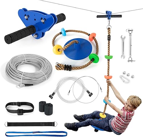 JOYLDIAS Kits de tirolesa de 118 pies para patio trasero con cuerda y asiento mejorados, tirolesas para niños y adultos con freno de resorte, arnés