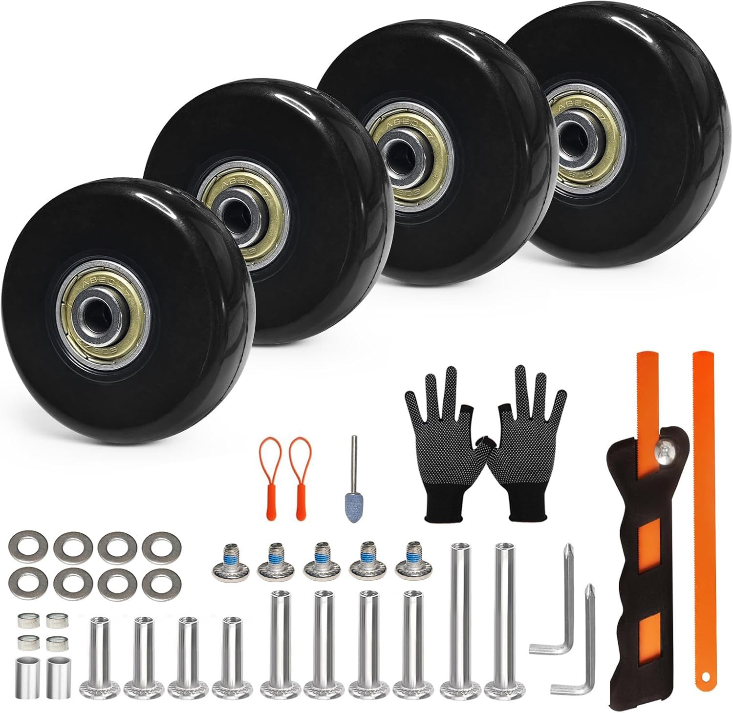 Luggage Wheels Replacement Kit 4PC Dia 1.8in/45mm Thick 0.71in/18mm PU Wheels with ABEC-7 Carbon Steel Ball Bearing 3 Size Axles Full Set Repair Tool for Suitcase Travel Box Inline Skate Hand Trolley