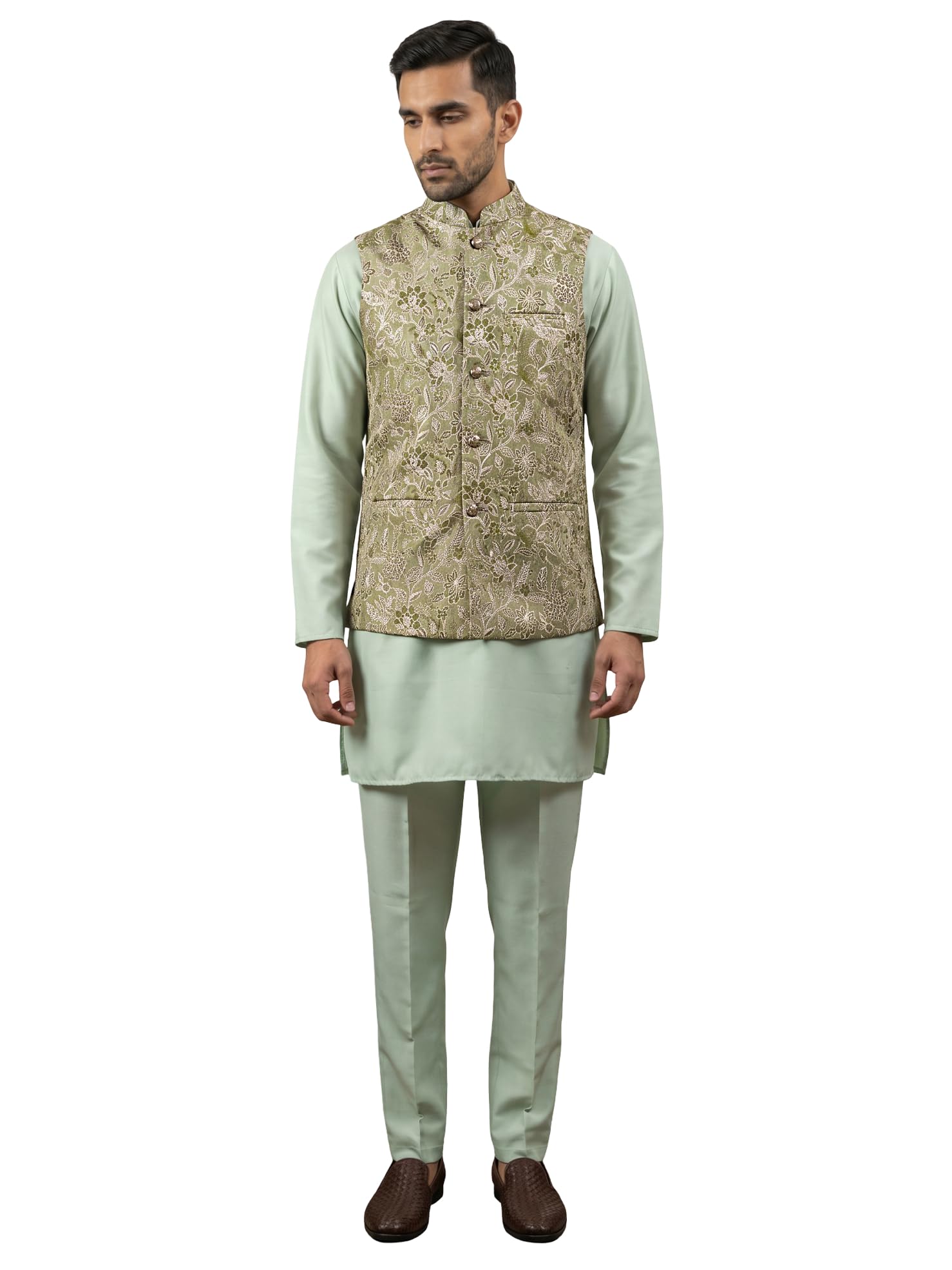 Men's Floral Jacquard Silk Blend Nehru Jacket with Kurta Set-image-32
