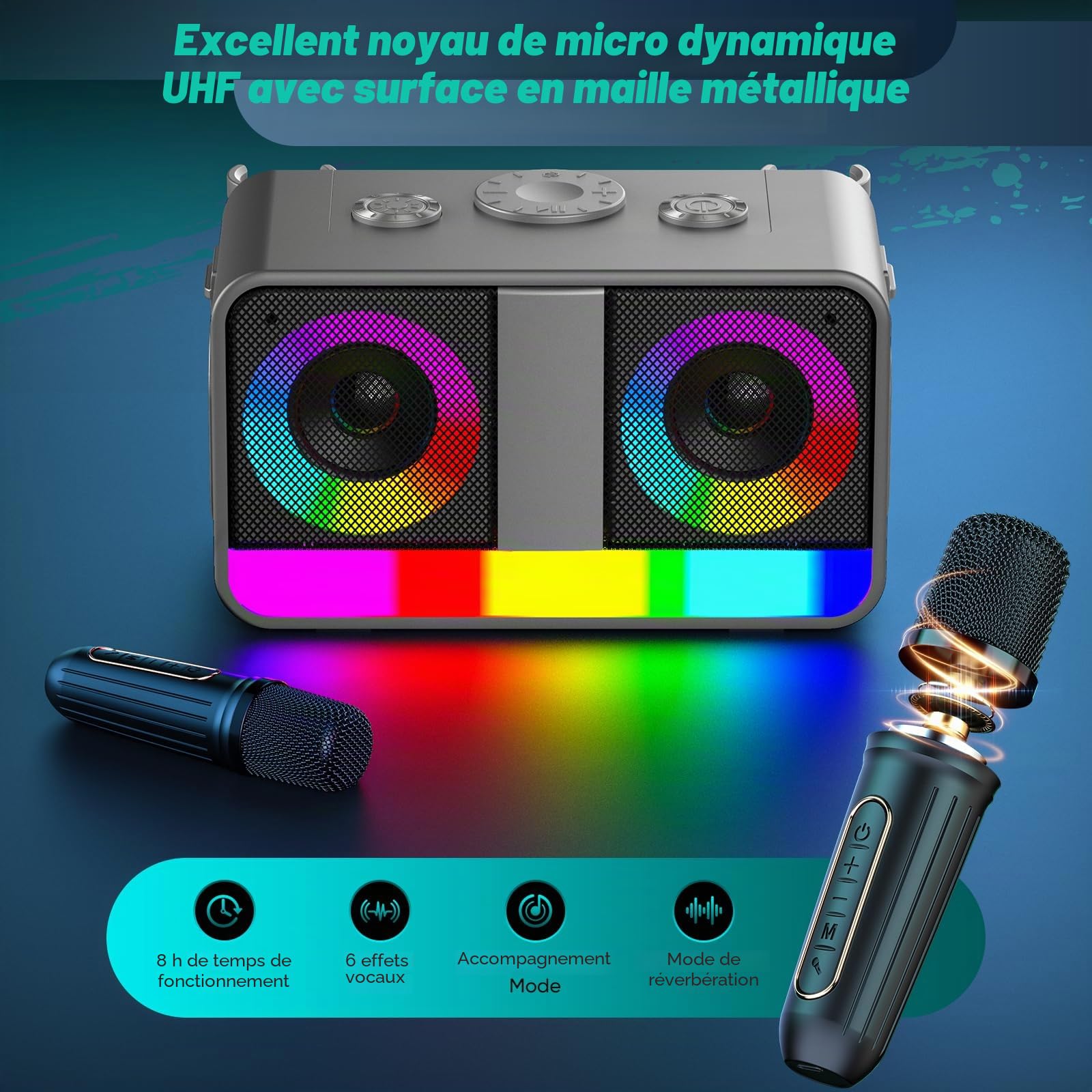 Karaoké Haut-Parleur Portable 35W Réel, Autonomie de 8 Heures, 2 Microphones sans Fil Rechargeables, LED, Machine de Karaoké pour Adultes et Enfants, (CHJ171-Silvergray)