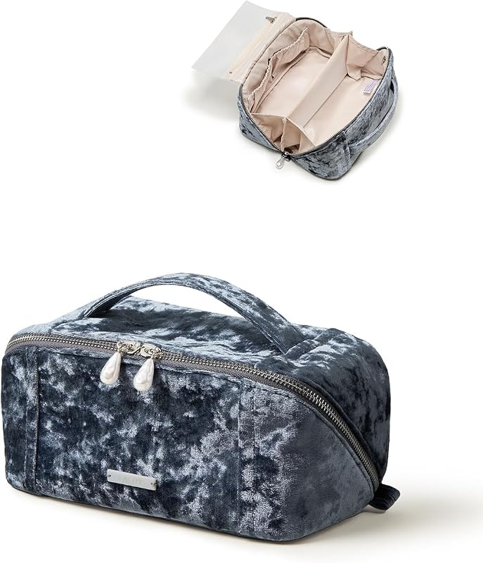 Necessaire de maquiagem EACHY em veludo, azul H, com divisórias transparentes para pincéis