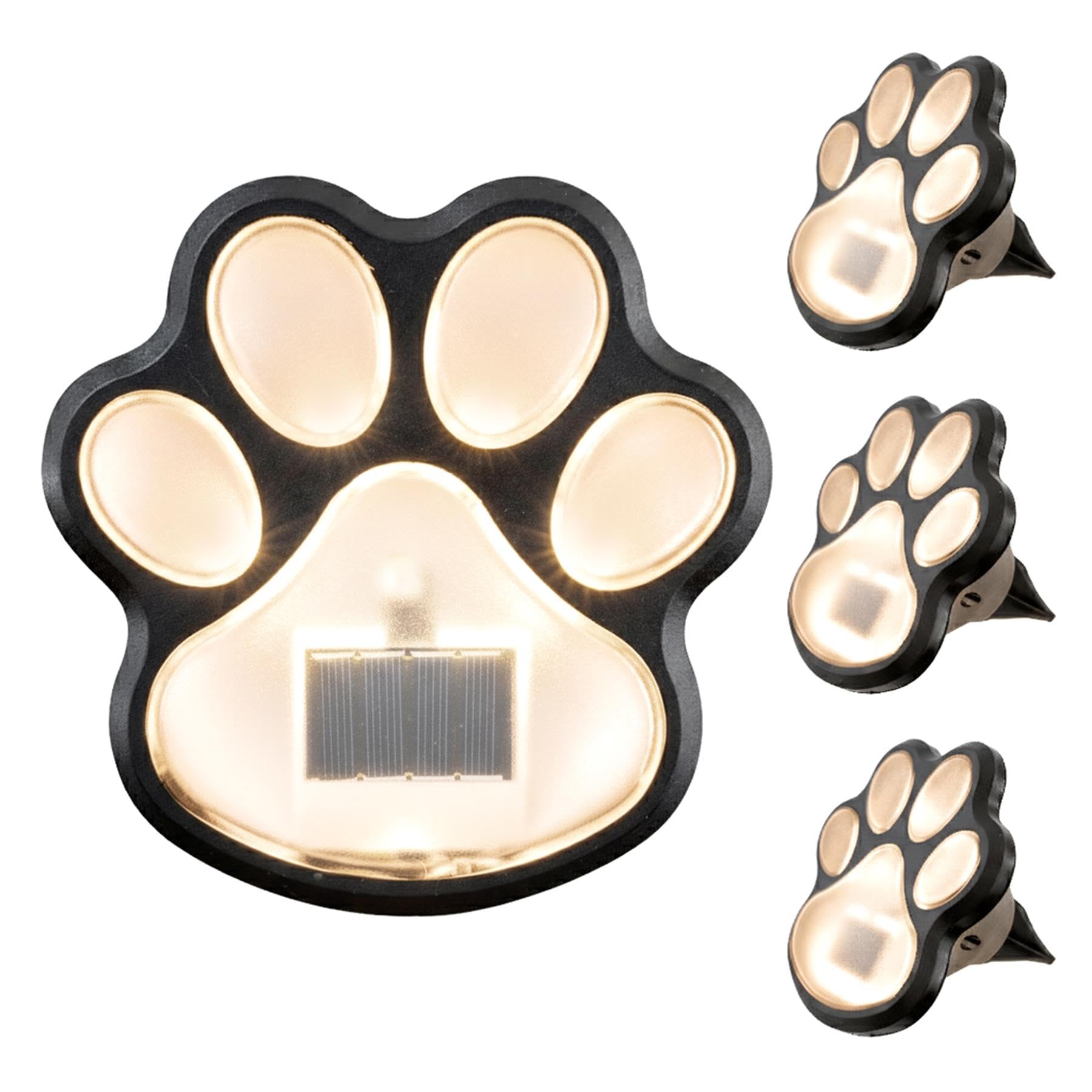 Geezy Black Paw Print Solar Stake Light, Set Of 4 - Warm White Weatherproof Led Outdoor Animal Garden Ornament - Decorative Auto On/Off Ground Pathway, Walkway, Yard & Patio Lighting Lamp For Pet Lovers