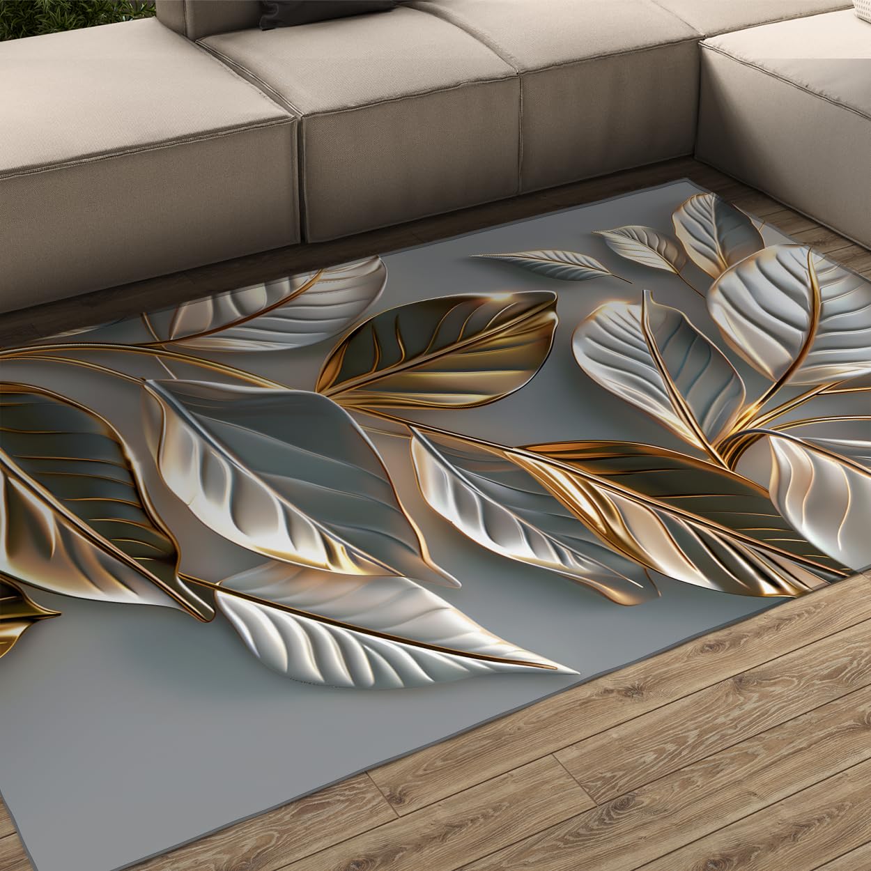 Tapis salon or et argent 140x200 cm abstrait botanique au style chic scandi
