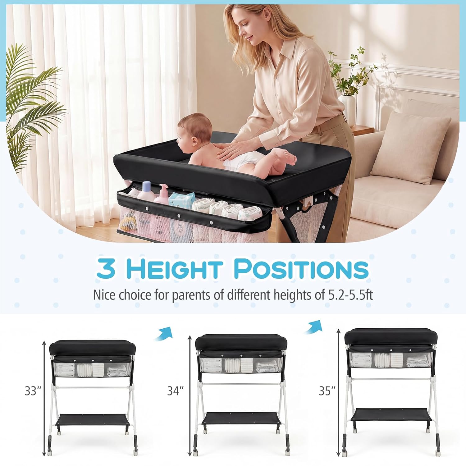 BABY JOY Portable Baby Changing Table, Foldable Diaper Changing Station with Wheels, Adjustable Height, Large Storage Rack, Mobile Nursery Organizer for Newborn Infant (Black)