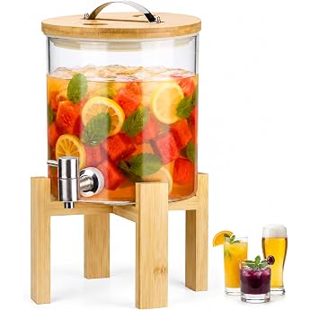 Glass Drinks Dispenser 5L with Stainless Steel Tap and Bamboo Stand