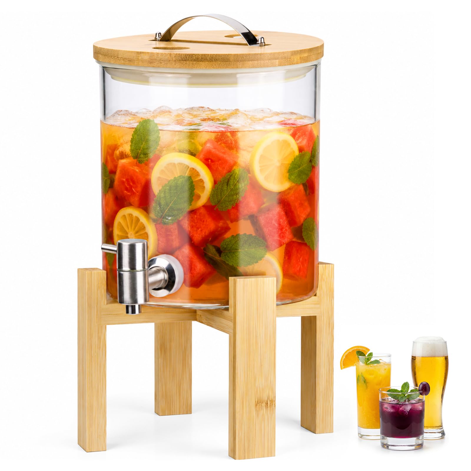 Dispenser di bevande in vetro da 5 l, contenitore per limonate con rubinetto in acciaio inox e supporto in bambù, senza BPA, ideale per feste di famiglia, feste di compleanno, campeggio all'aperto