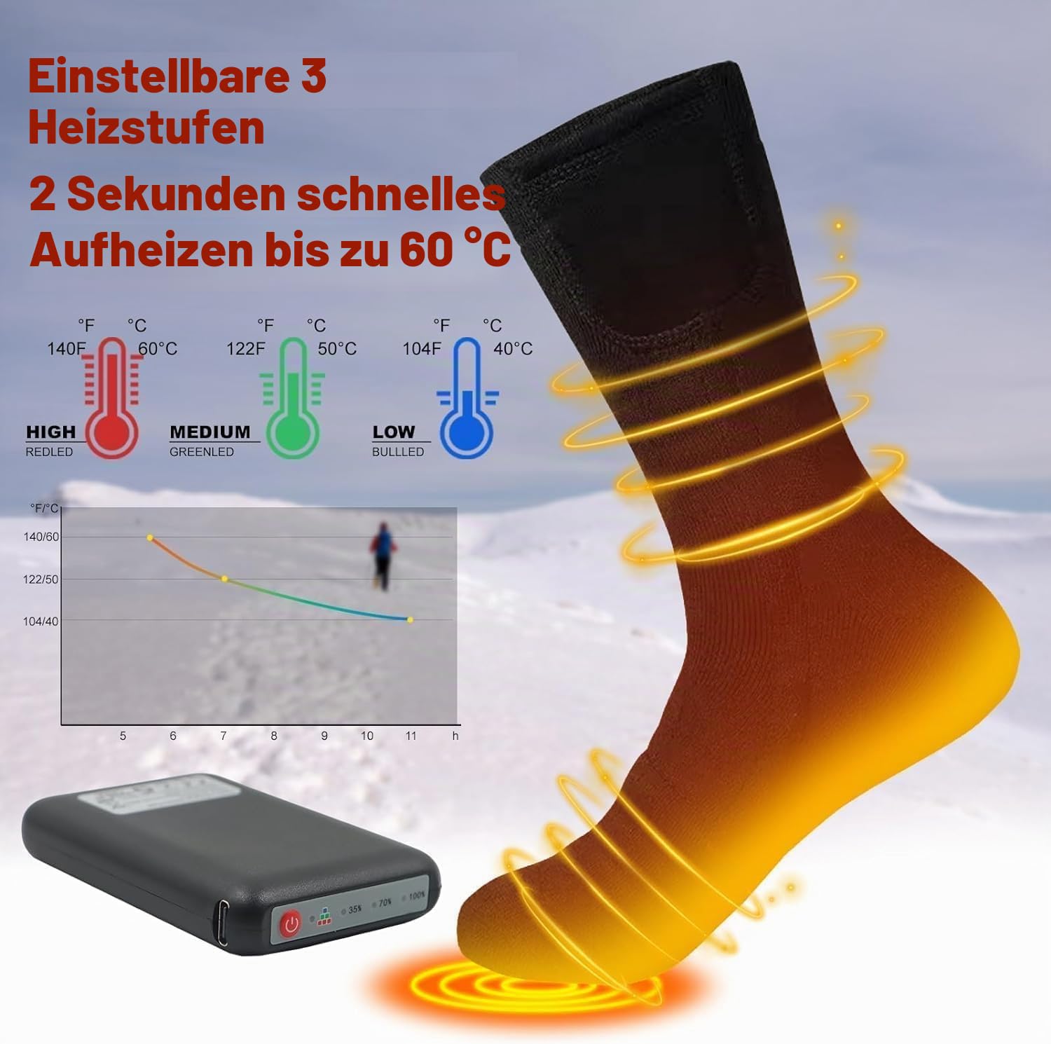 Elektrisch Beheizte Socken, 3,7 V 6000 mAh Wiederaufladbare Elektrisch Beheizte Socken für Männer Frauen Waschbare Thermo-Fußwärmer für Jagd, Camping, Skifahren & Outdoor-Sport