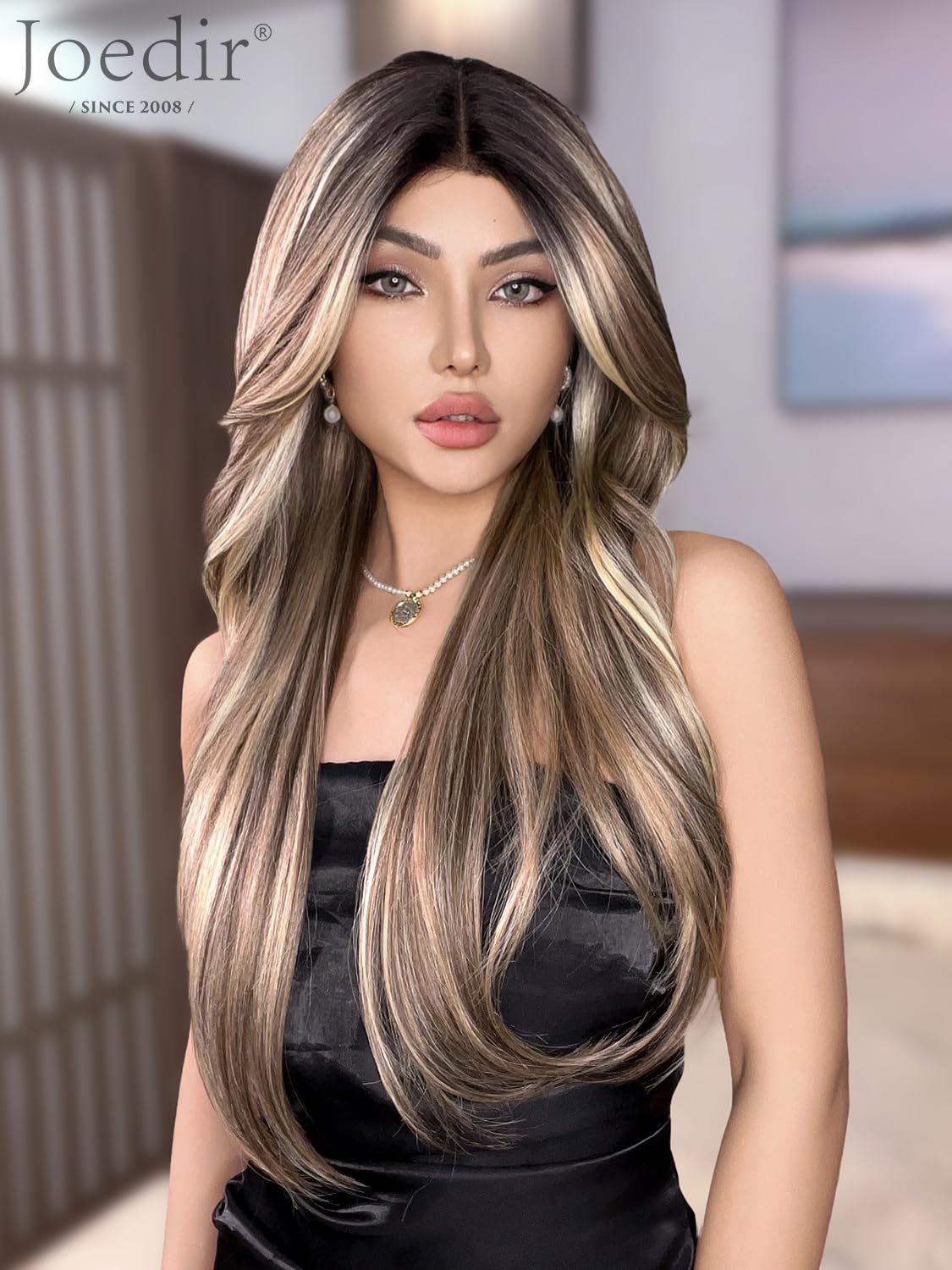 Joedir Long Layered Wig With Curtain Bangs Deep Part Lace Front Wigs for Women 26 Inch Middle Part Highlights Wig Heat Resistant Synthetic Wigs for Daily Party Use - Image 2