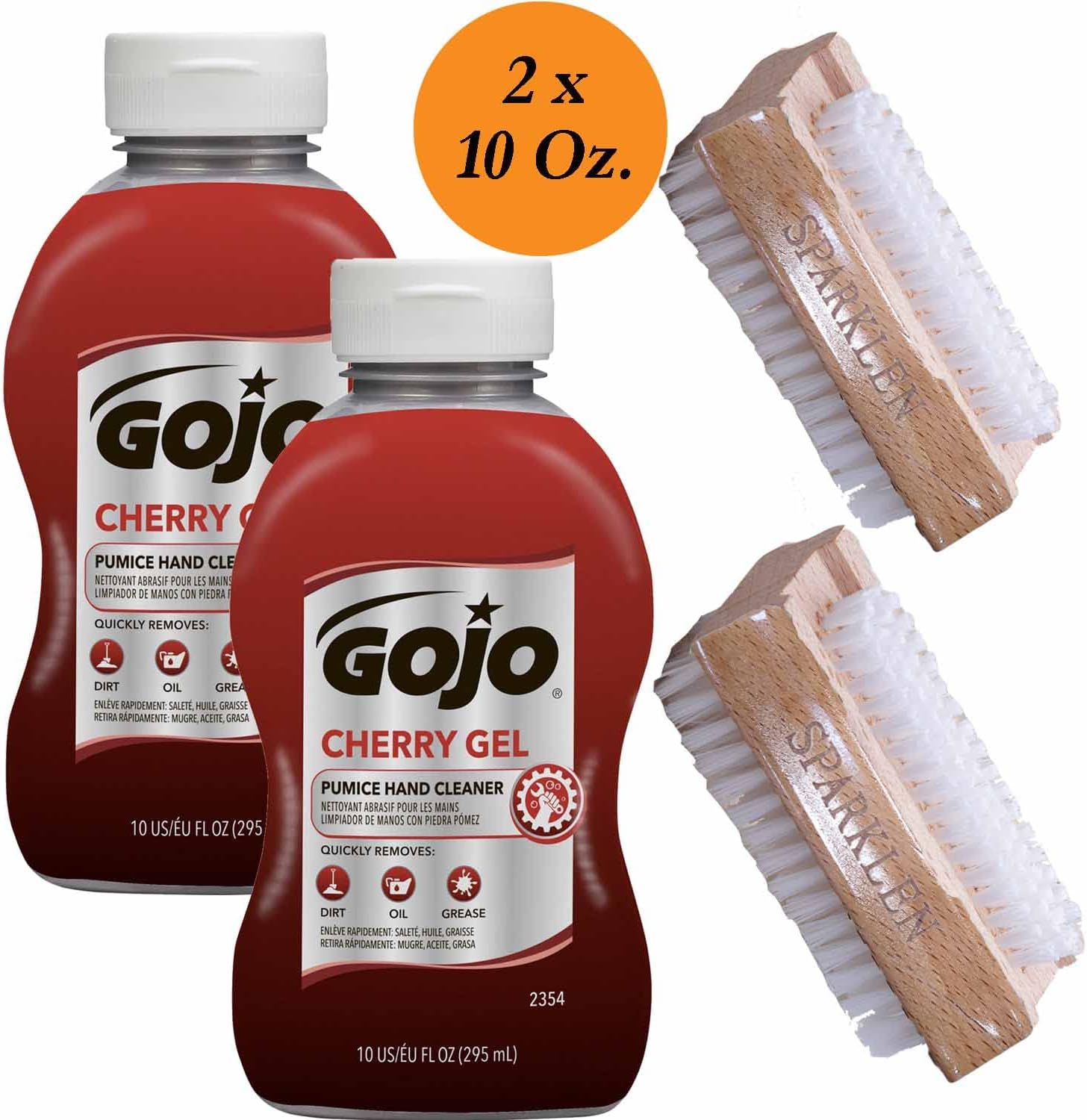 GOJO Cherry Gel Pumice Hand Cleaner Heavy Duty Cleaner Cherry Scented Scrub, 2 Bottles 10 OZ each [Total of 20 Oz.] with 2 compatible Wooden Nail Brushes
