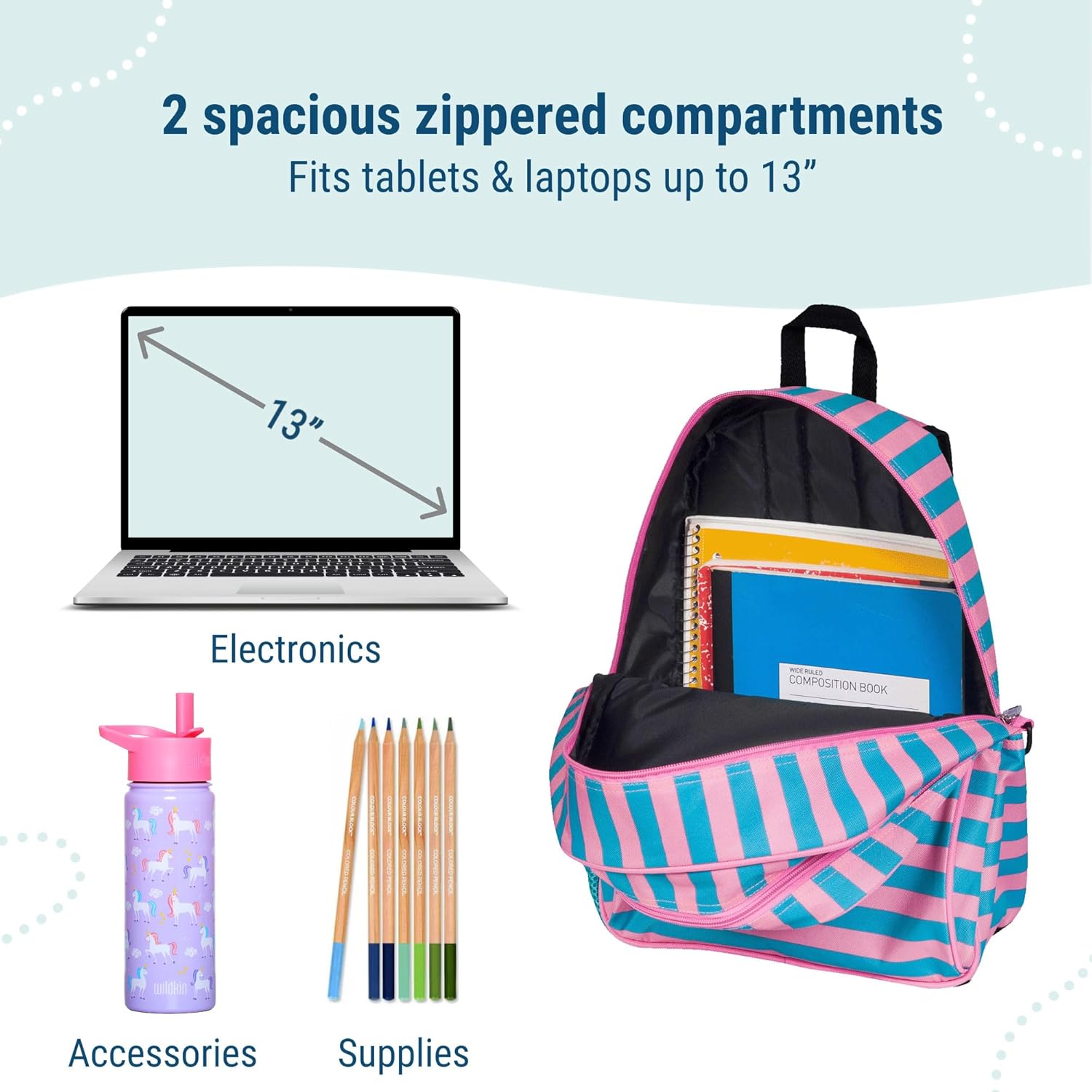 Wildkin Kids 15-inch Elementary School Backpack – Durable Padded Bag with Adjustable Straps for School, Travel & Everyday Use, Multiple Pockets, Boys & Girls Ages 5–10 – Pink Stripes