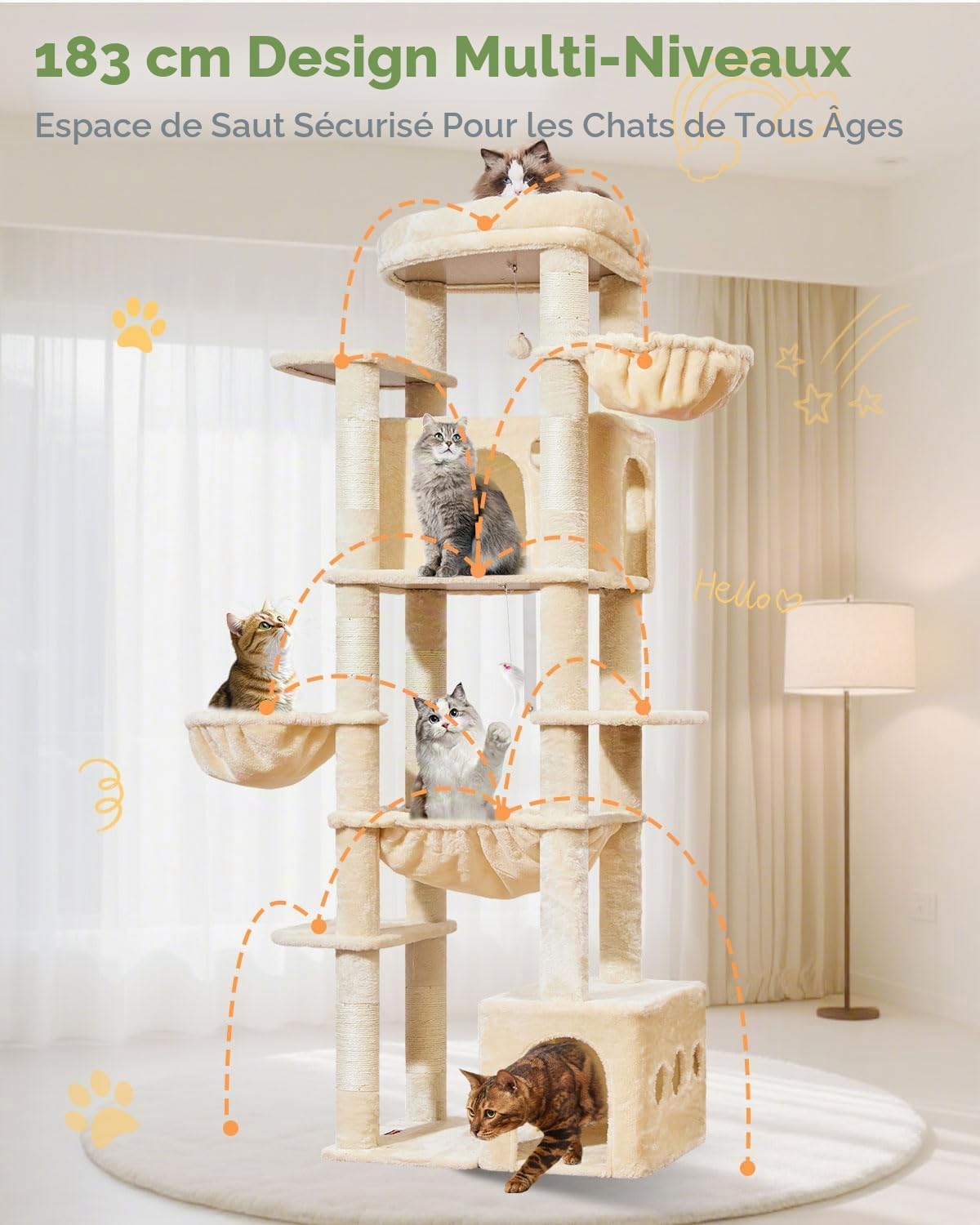 Taoqimiao Arbre À Chat Stable 183 cm, Plateformes Grandes avec Coussins | Tour de Jeux pour Chats spécifique Pour Les Maine Coon, 2 Niches, Hamac, 2 Paniers, 7 Griffoir Sisal, F20M Beige