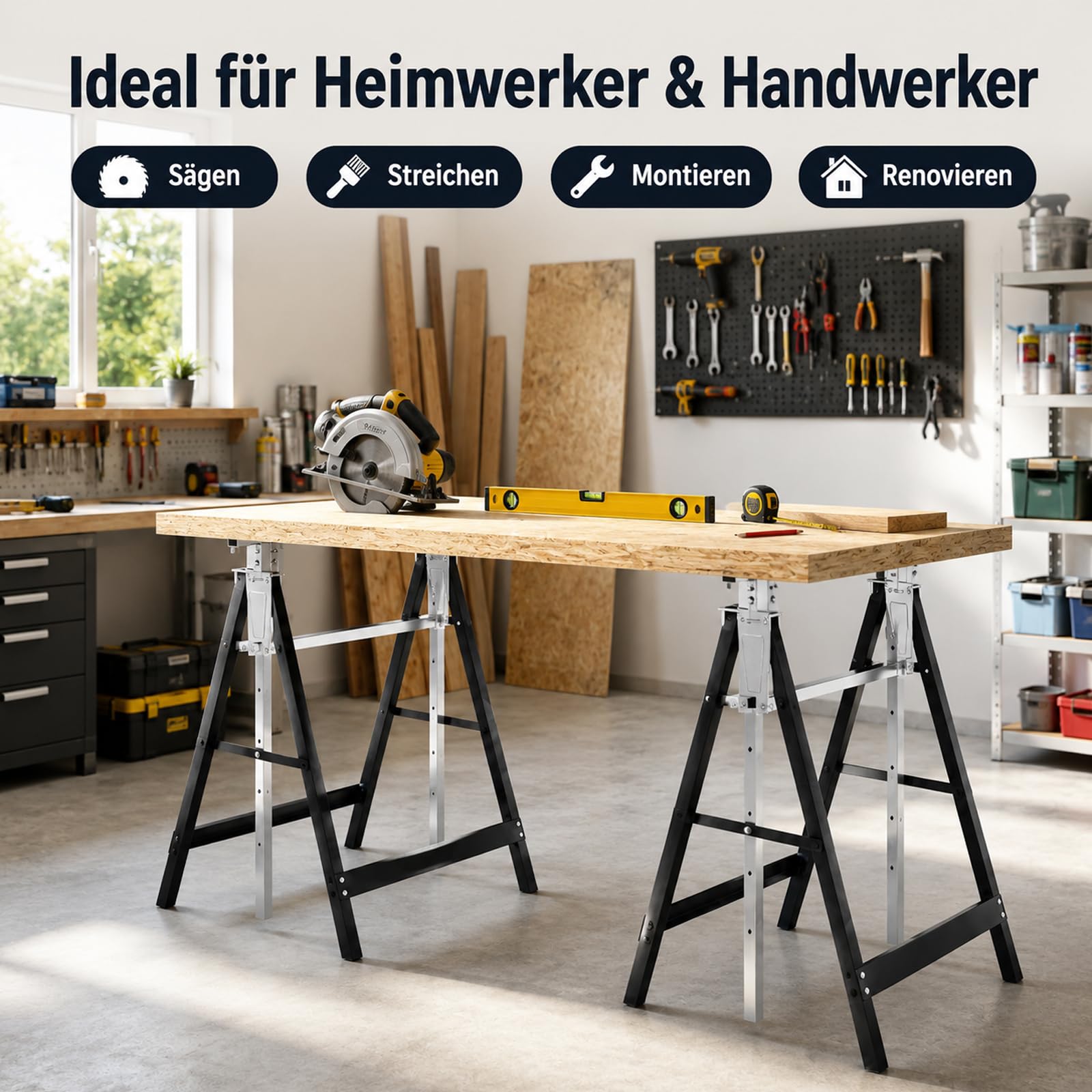 Teleskop-Arbeitsbock 2er Set höhenverstellbar 80-130 cm, 200 kg belastbar, klappbar und rutschfest, Gerüstbock für Malerarbeiten, Bau, Garten und Werkstatt, Schwarz
