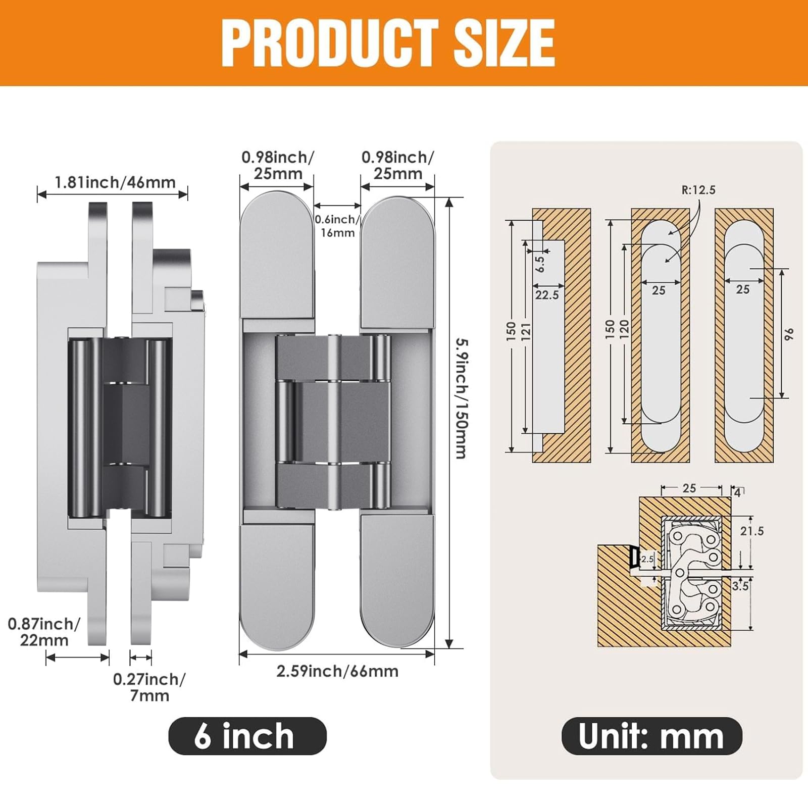 Bisagra de puerta oculta de 6 pulgadas, bisagra silenciosa de puerta invisible de 180 grados, bisagra ajustable de 3 vías, 6 x 2.5 x 1 pulgadas, color negro (paquete de 2) (plata 6 pulgadas)