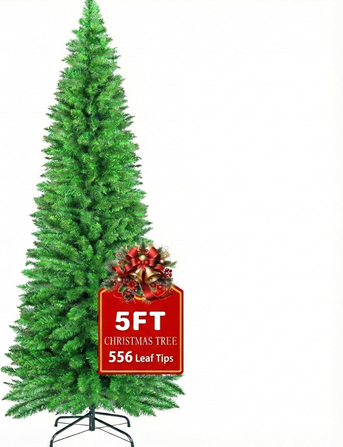 Holiday Time 6 Ft Artificial Christmas Tree, Slim Pencil Shape, 490 Branch Tips, Easy Assembly, Classic Green, Reusable Holiday Decor with Metal Stand, 31 Inch Base Width (6FT PVC)
